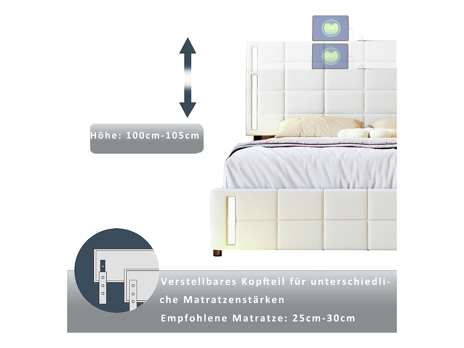 Lit avec rangement - 140 x 200 cm - 4 tiroirs - tissu lin - éclairage led - sommier à lattes - beige