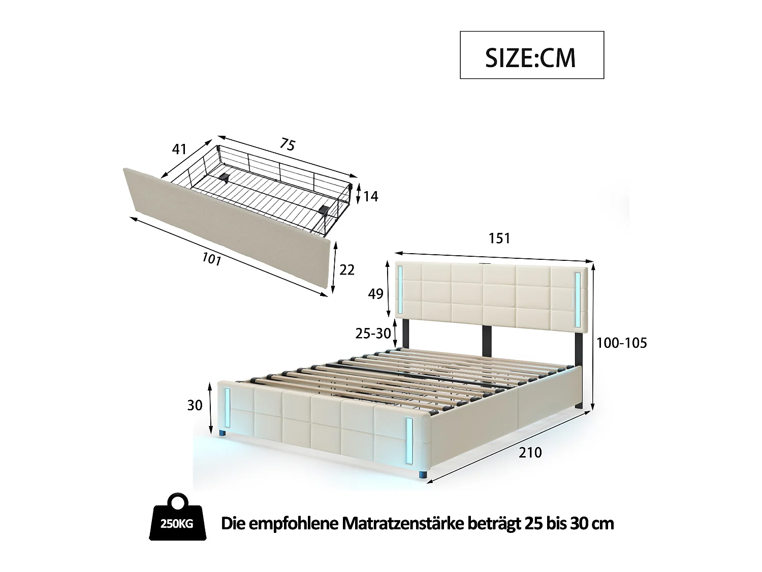 Lit avec rangement - 140 x 200 cm - 4 tiroirs - tissu lin - éclairage led - sommier à lattes - beige