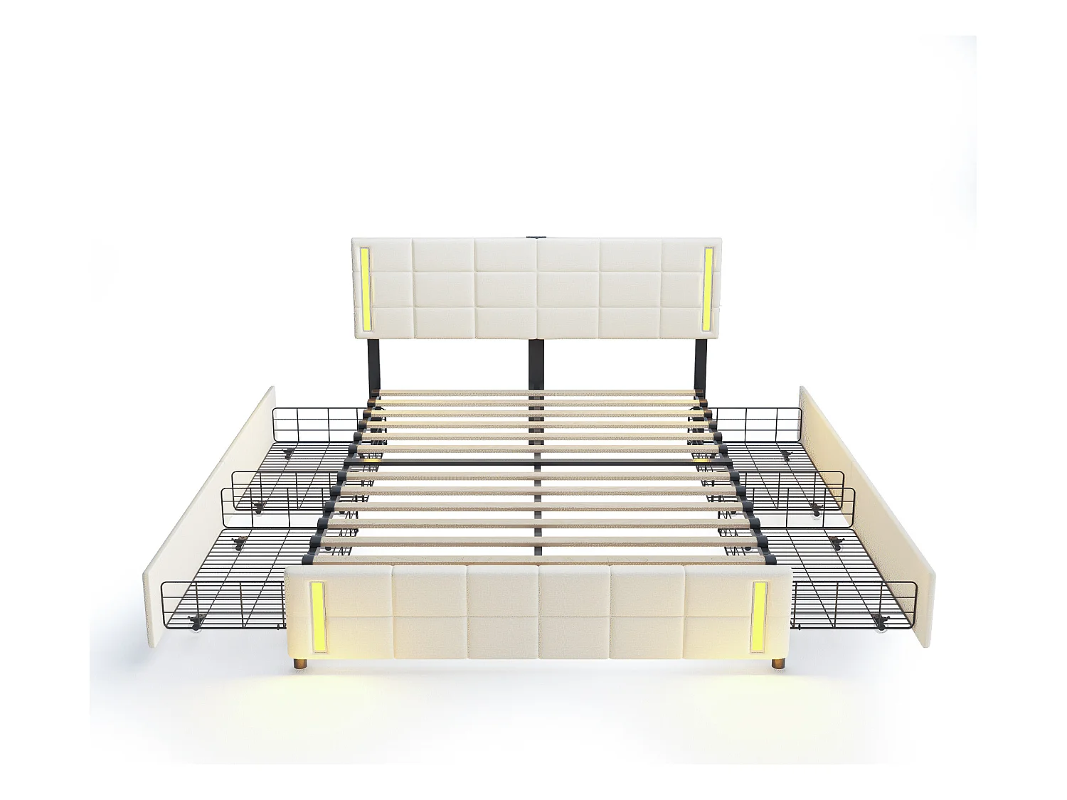 Lit avec rangement - 140 x 200 cm - 4 tiroirs - tissu lin - éclairage led - sommier à lattes - beige