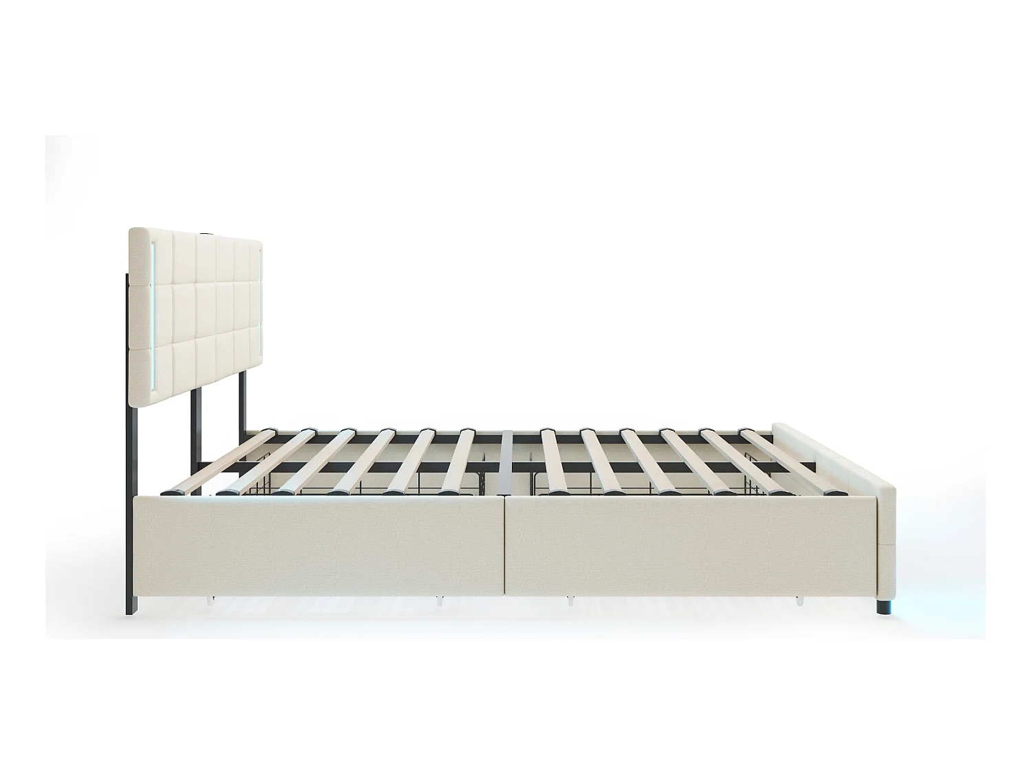 Lit avec rangement - 140 x 200 cm - 4 tiroirs - tissu lin - éclairage led - sommier à lattes - beige