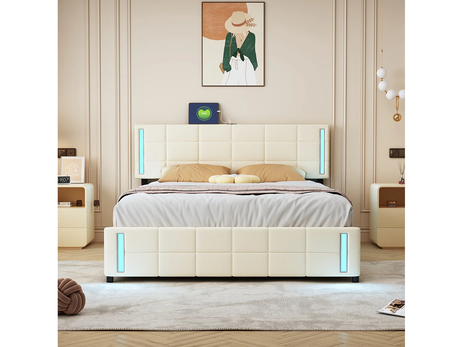 Bed met opbergruimte - 140 x 200 cm - 4 laden - linnenstof - LED-verlichting - lattenbodem - beige