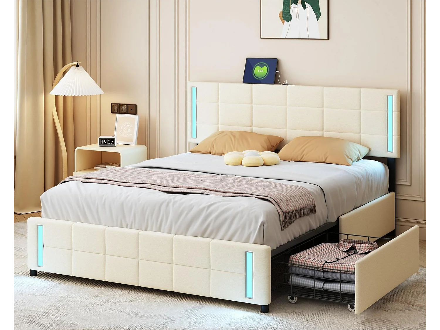 Bed met opbergruimte - 140 x 200 cm - 4 laden - linnenstof - LED-verlichting - lattenbodem - beige