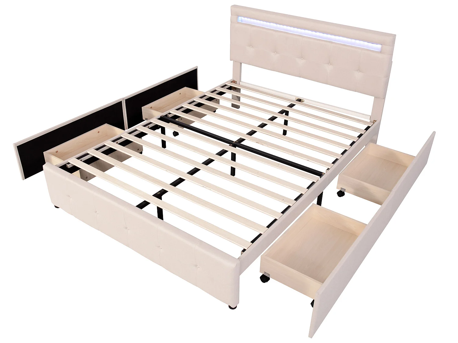 Bed met verstelbaar hoofdeinde en 4 lades - 140 x 200 cm - linnen stof - LED verlichting - lattenbodem - beige