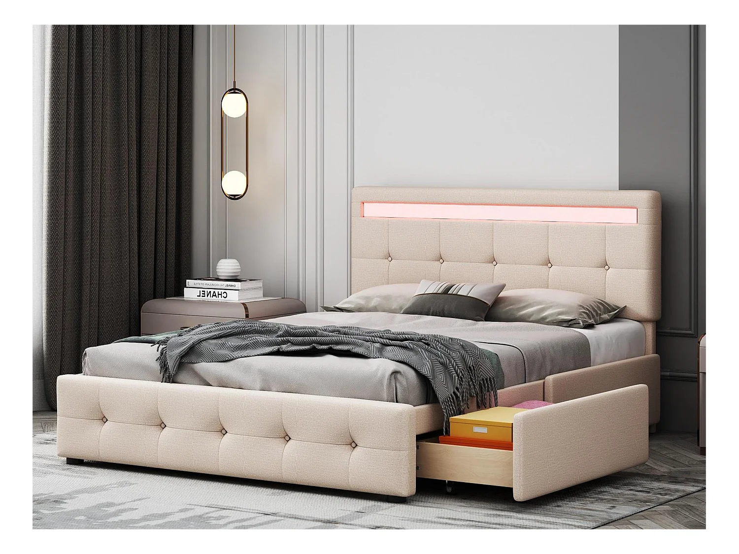 Lit avec tête de lit réglable et 4 tiroirs - 140 x 200 cm - tissu lin - éclairage led - sommier à lattes - beige