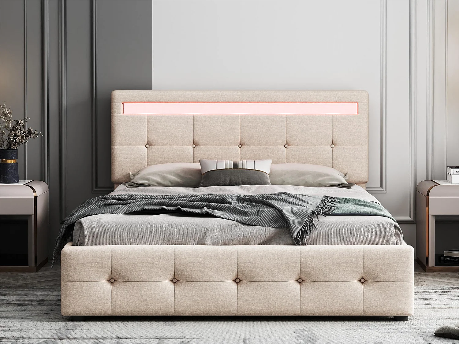 Bed met verstelbaar hoofdeinde en 4 lades - 140 x 200 cm - linnen stof - LED verlichting - lattenbodem - beige