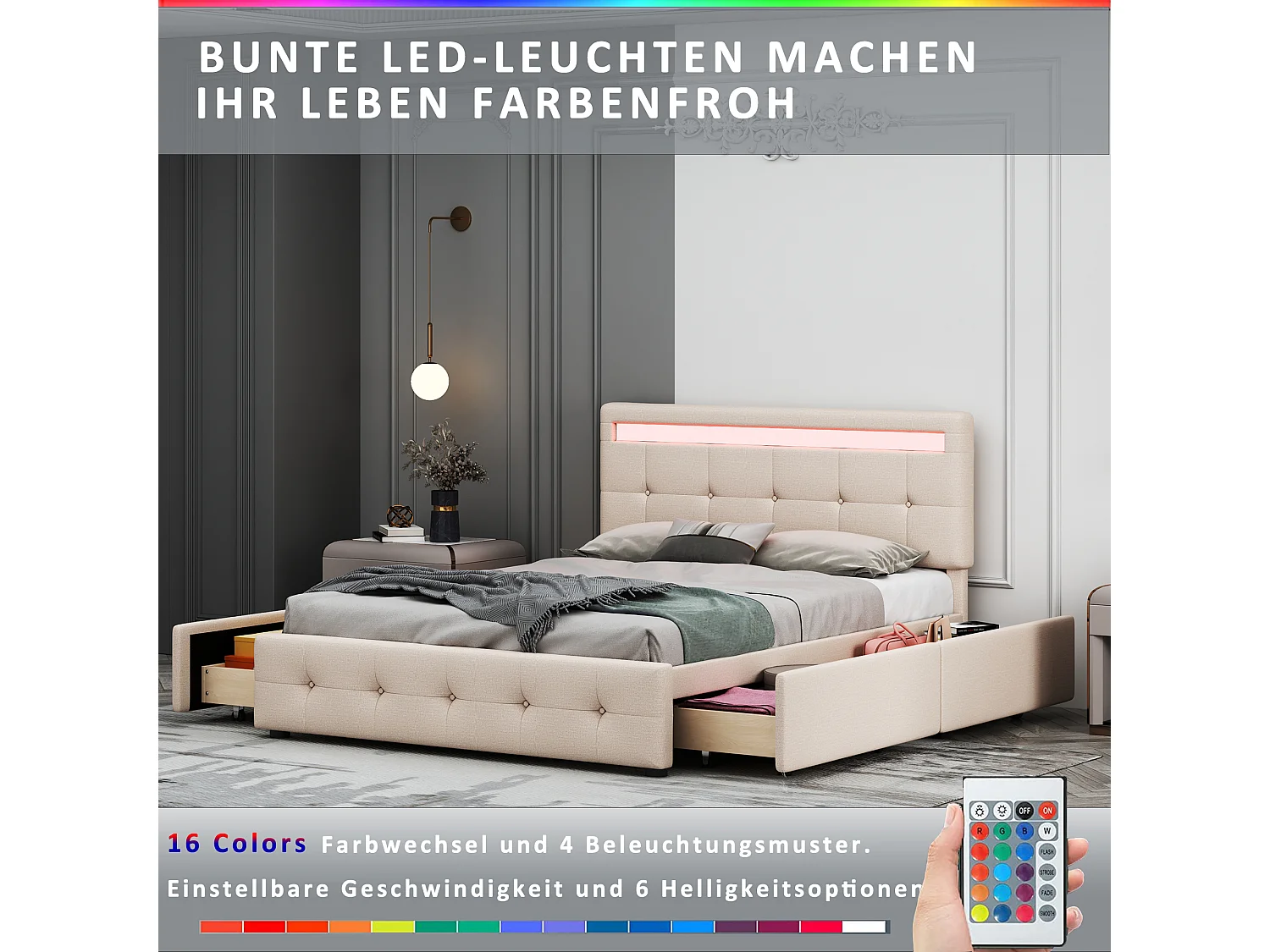 Bed met verstelbaar hoofdeinde en 4 lades - 140 x 200 cm - linnen stof - LED verlichting - lattenbodem - beige