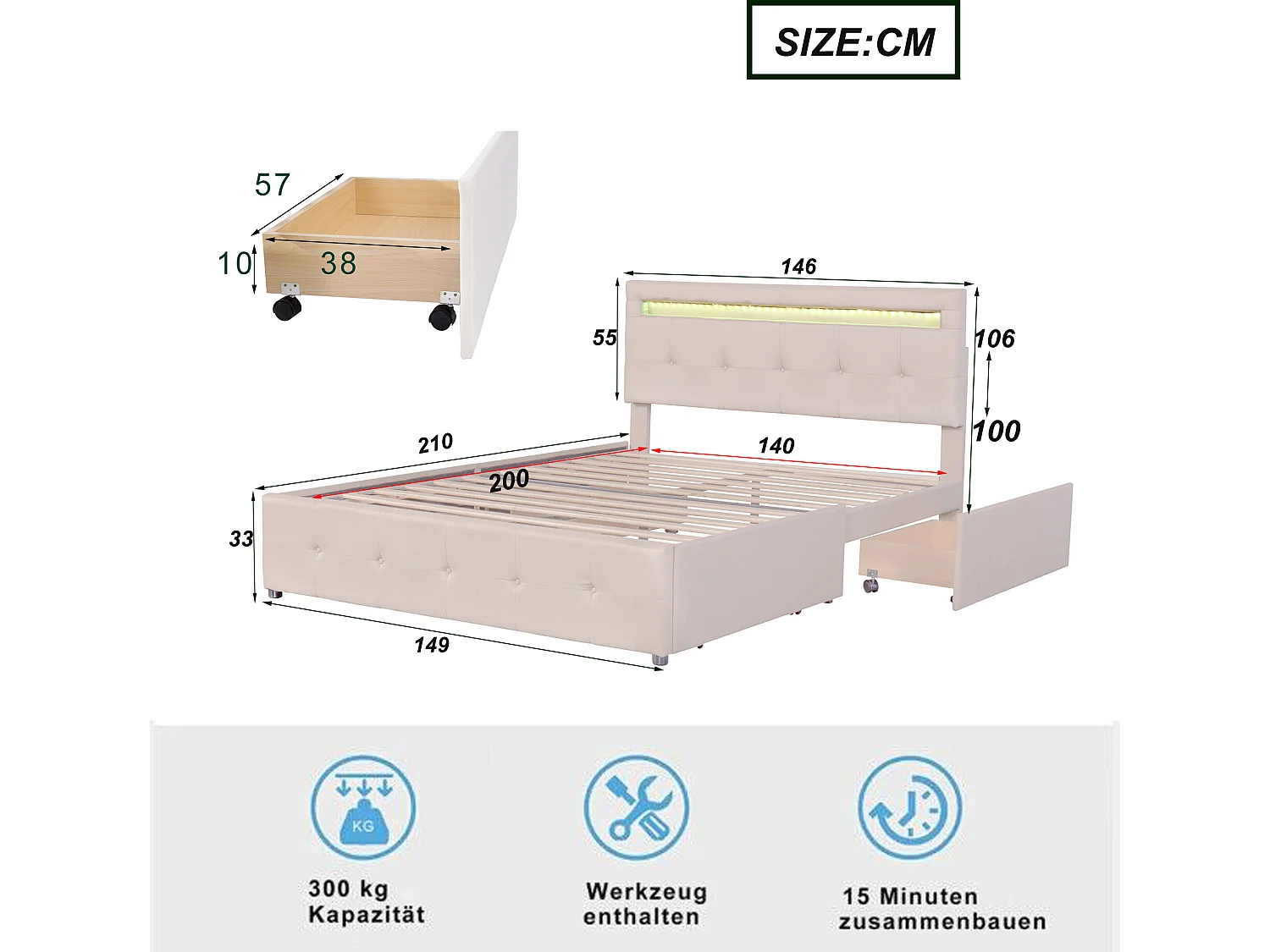 Bed met verstelbaar hoofdeinde en 4 lades - 140 x 200 cm - linnen stof - LED verlichting - lattenbodem - beige