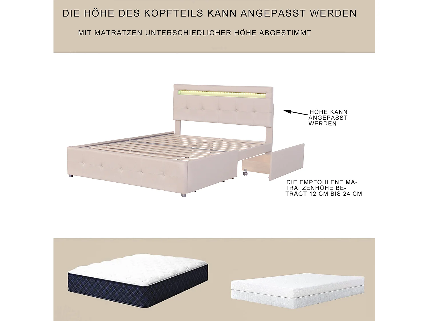 Bed met verstelbaar hoofdeinde en 4 lades - 140 x 200 cm - linnen stof - LED verlichting - lattenbodem - beige