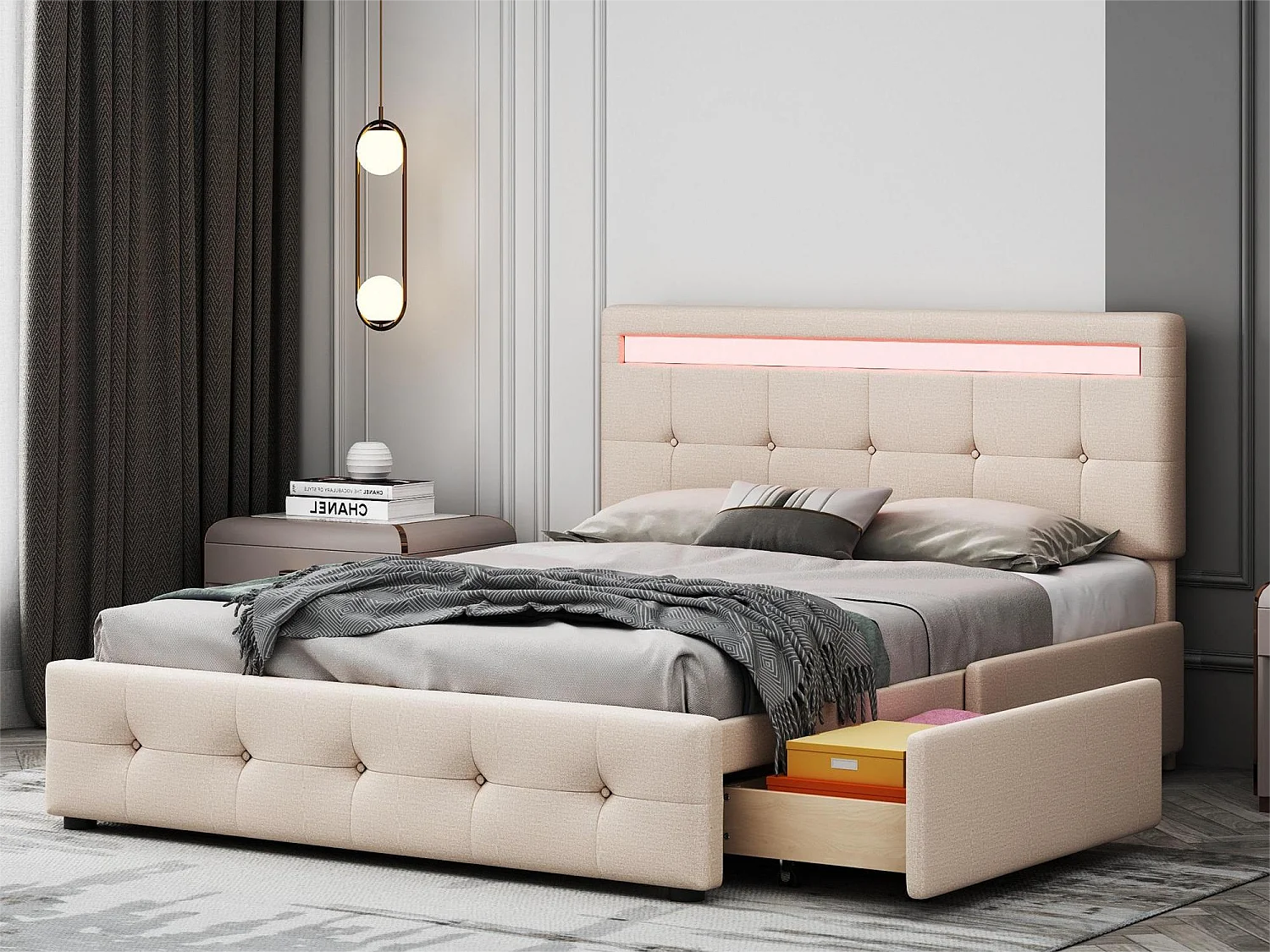 Cama con cabecero ajustable y 4 cajones - 140 x 200 cm - tejido de lino - iluminación LED - somier - beige