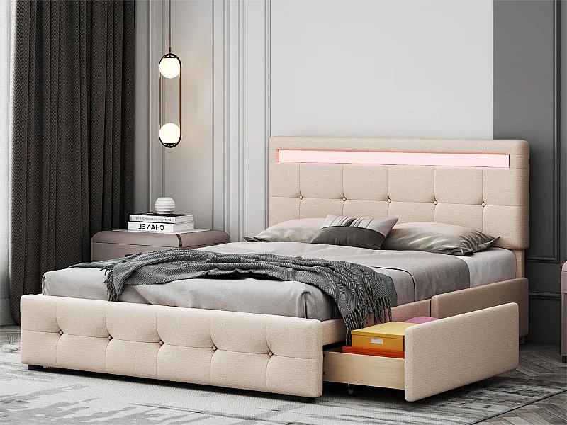 Letto con testiera regolabile e 4 cassetti - 140 x 200 cm - tessuto di lino - illuminazione LED - rete a doghe - beige