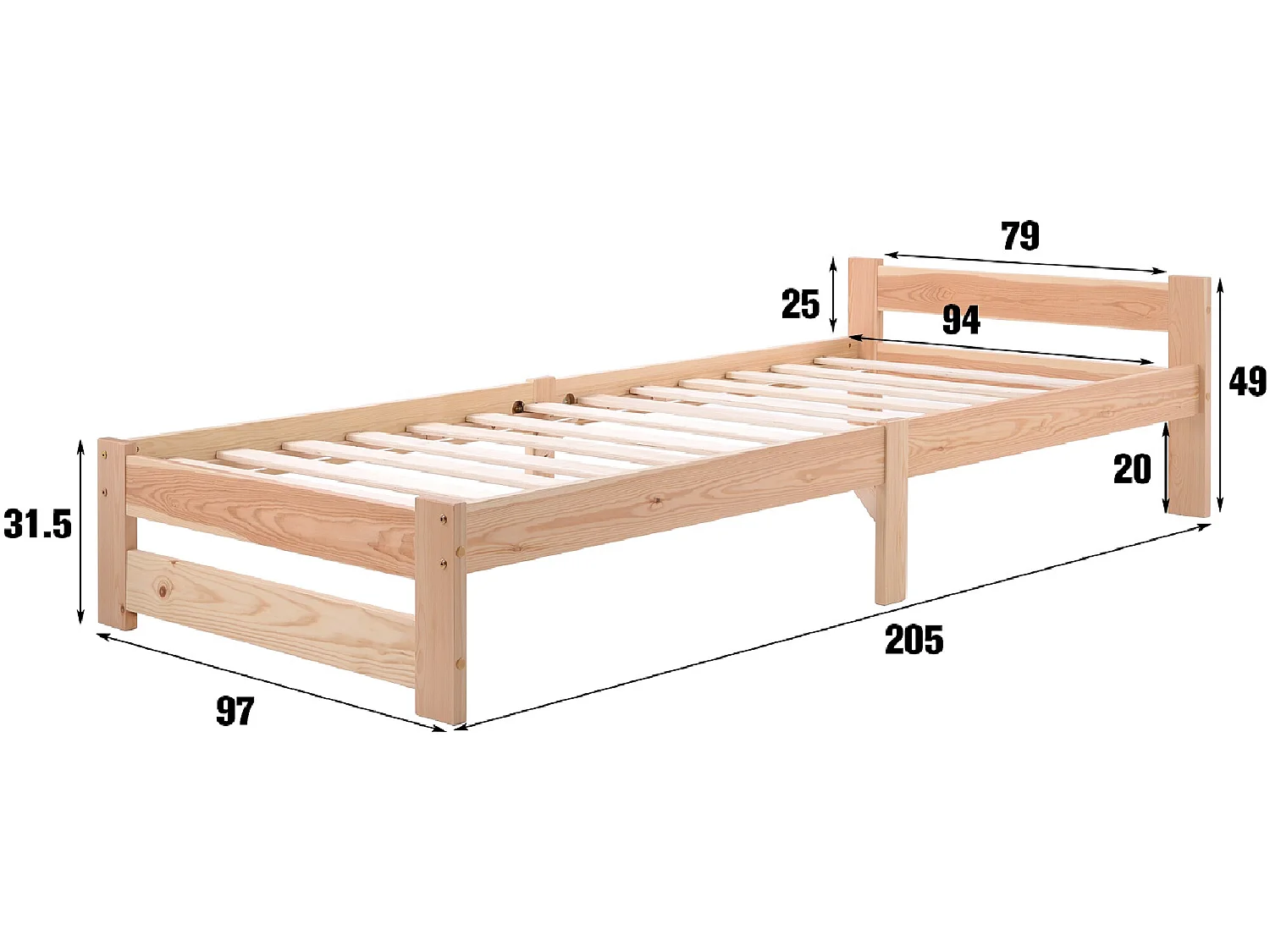 Bett mit Kopfteil – 90 x 200 cm – Massivholz – Lattenrost – Naturfarbe