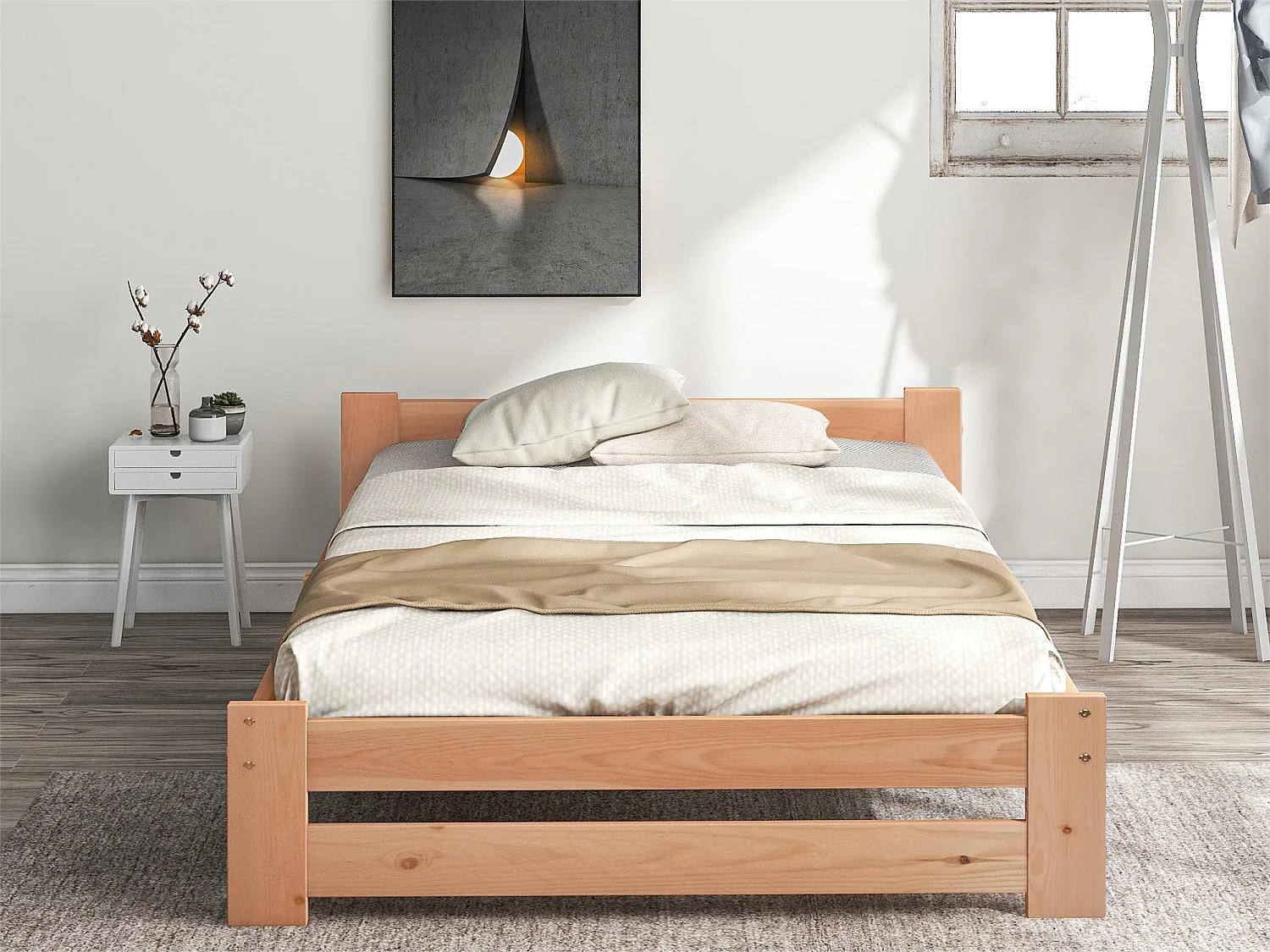 Cama com cabeceira - 90 x 200 cm - madeira maciça - base de ripas - cor natural