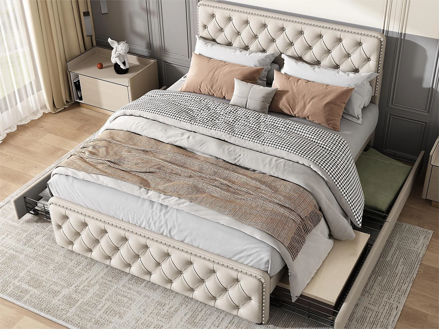 Cama estofada 140 x 200 cm - cama de casal com 4 gavetas - cabeceira ajustável - base de ripas de madeira - linho - bege