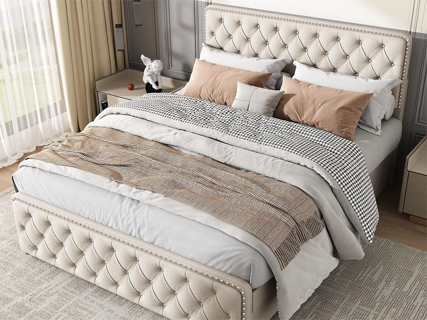 Cama estofada 140 x 200 cm - cama de casal com 4 gavetas - cabeceira ajustável - base de ripas de madeira - linho - bege