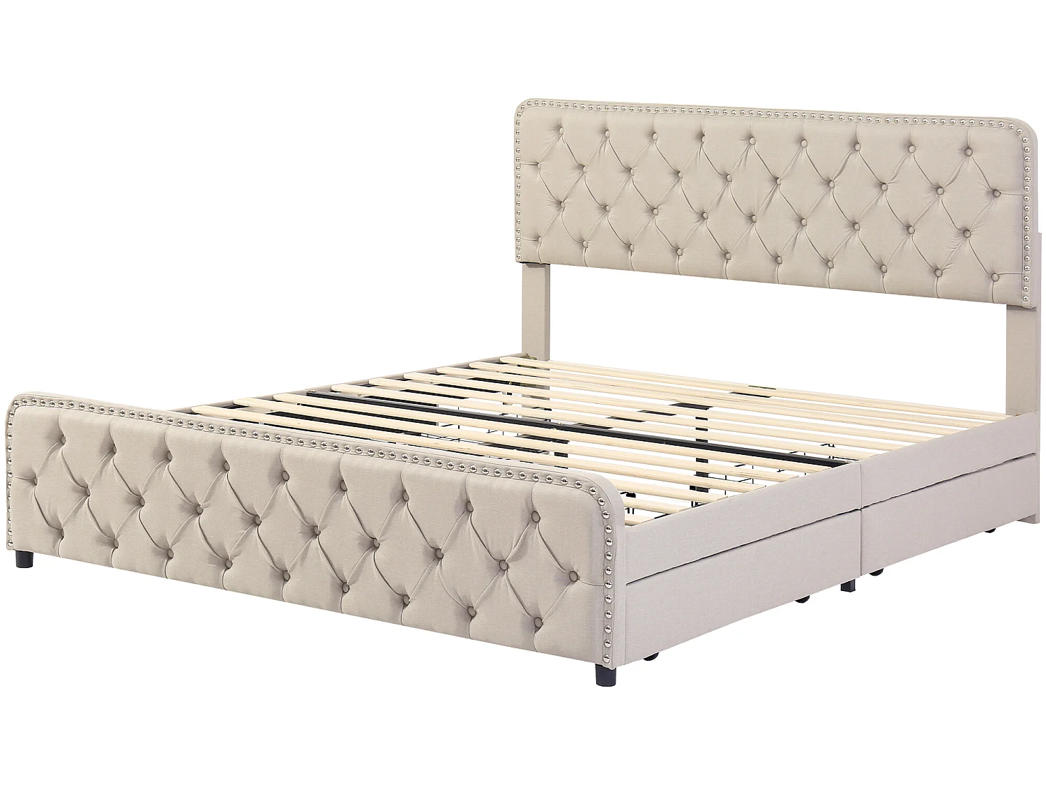 Cama estofada 140 x 200 cm - cama de casal com 4 gavetas - cabeceira ajustável - base de ripas de madeira - linho - bege