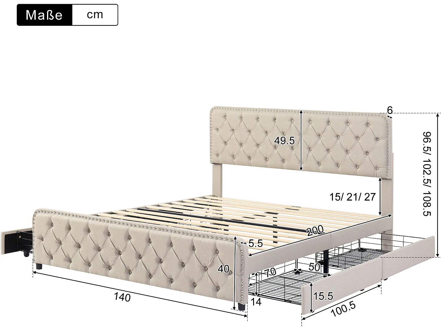 Cama estofada 140 x 200 cm - cama de casal com 4 gavetas - cabeceira ajustável - base de ripas de madeira - linho - bege