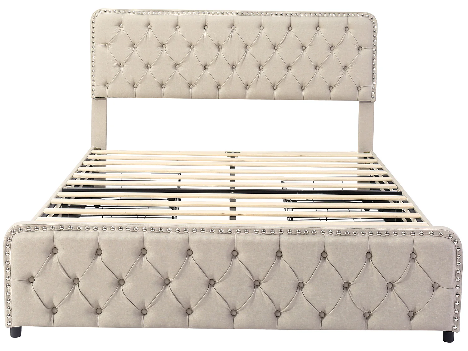 Cama estofada 140 x 200 cm - cama de casal com 4 gavetas - cabeceira ajustável - base de ripas de madeira - linho - bege