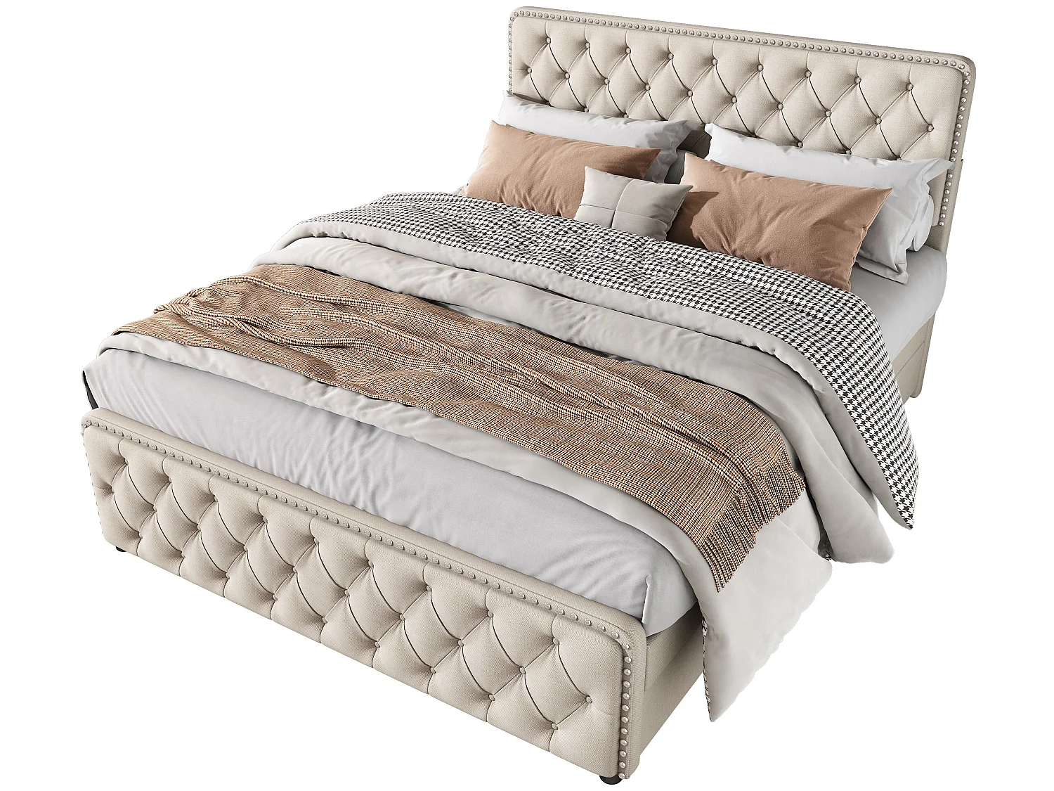 Cama estofada 140 x 200 cm - cama de casal com 4 gavetas - cabeceira ajustável - base de ripas de madeira - linho - bege