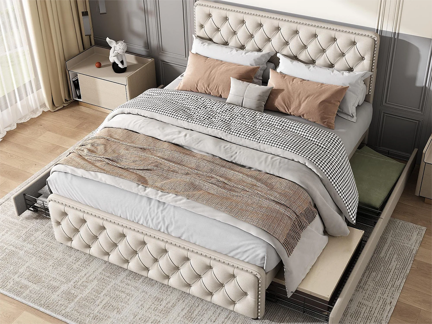 Cama tapizada 140 x 200 cm - cama doble con 4 cajones - cabecero ajustable - somier de láminas de madera - lino - beige