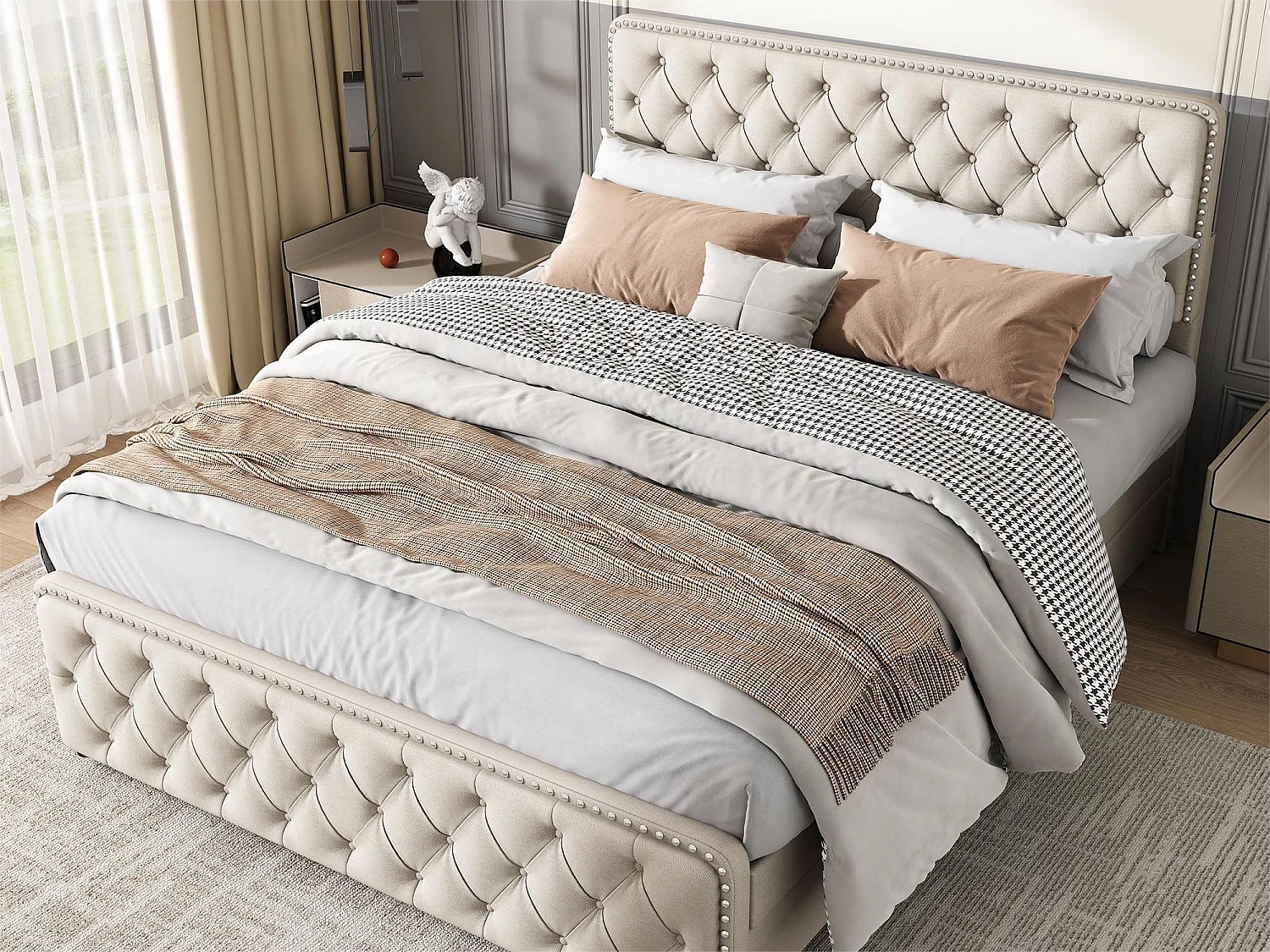 Cama tapizada 140 x 200 cm - cama doble con 4 cajones - cabecero ajustable - somier de láminas de madera - lino - beige