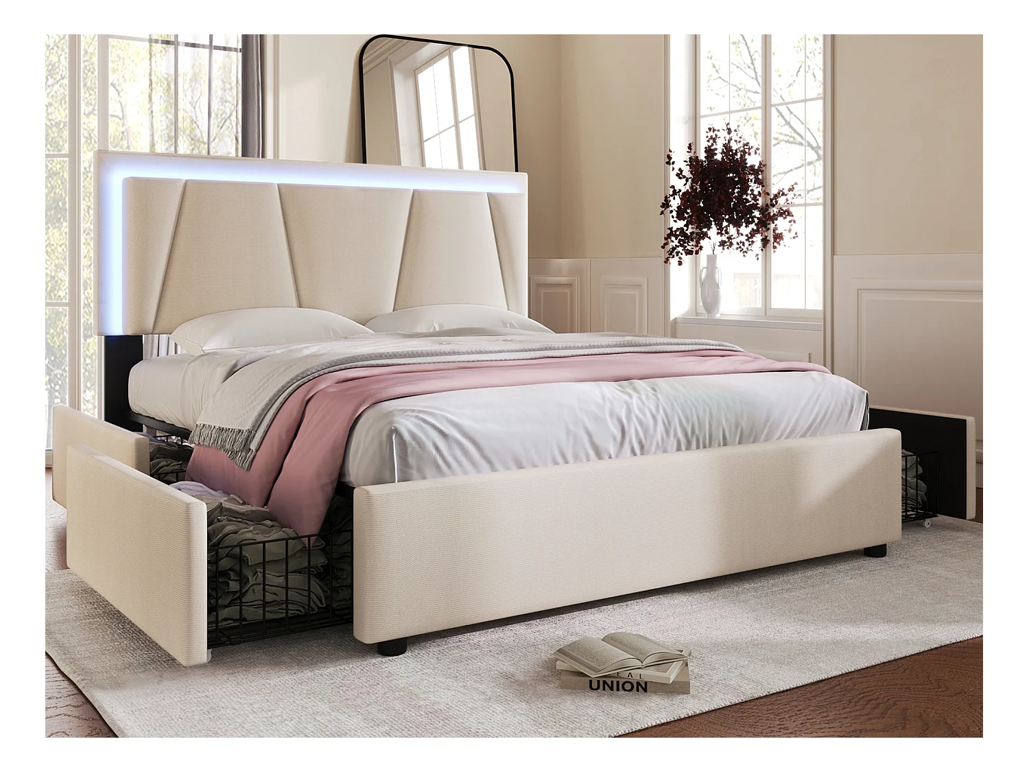 Lit avec éclairage led et 4 tiroirs - 160 x 200 cm - tissu lin - sommier à lattes - beige