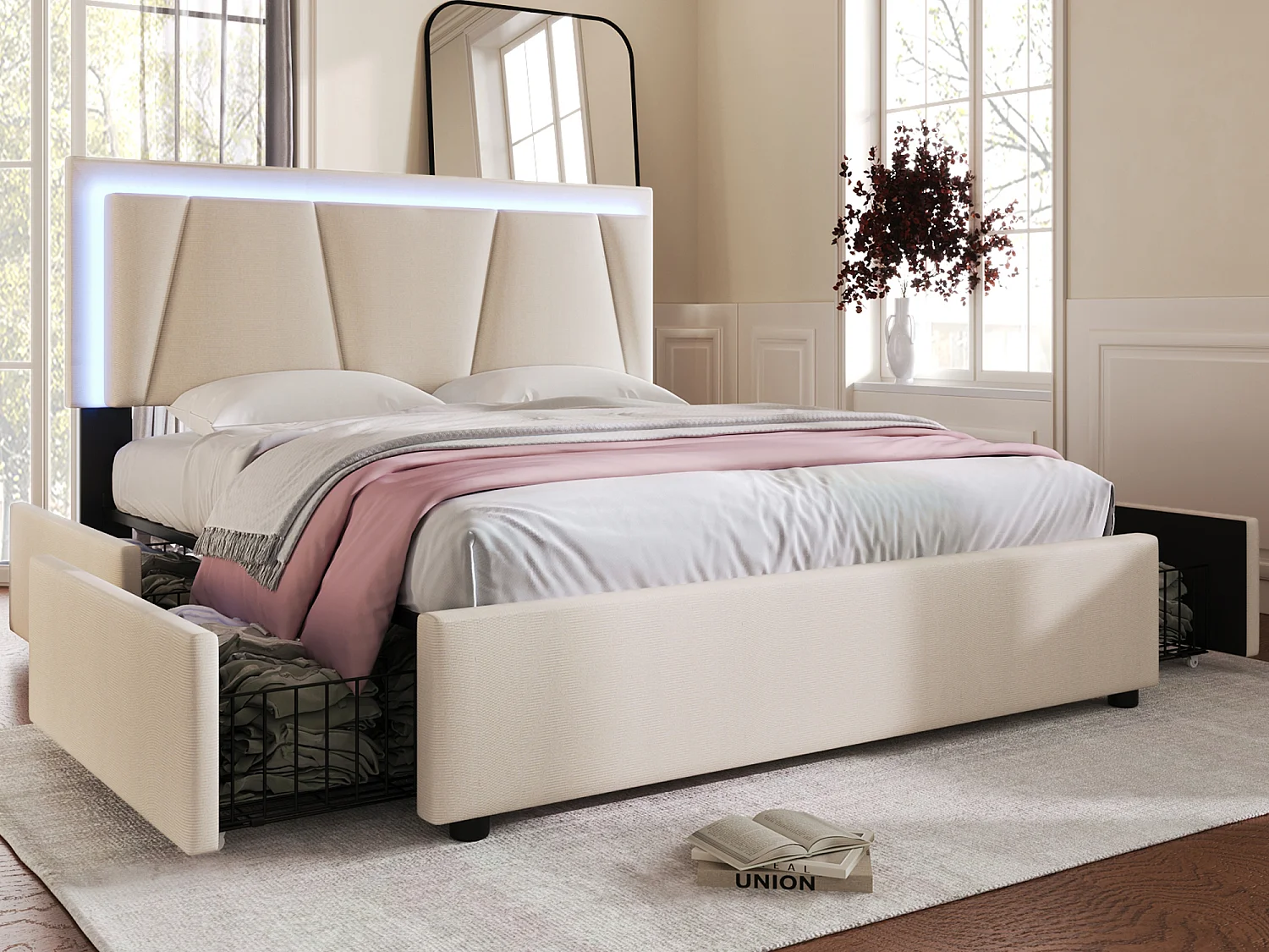 Lit avec éclairage led et 4 tiroirs - 160 x 200 cm - tissu lin - sommier à lattes - beige