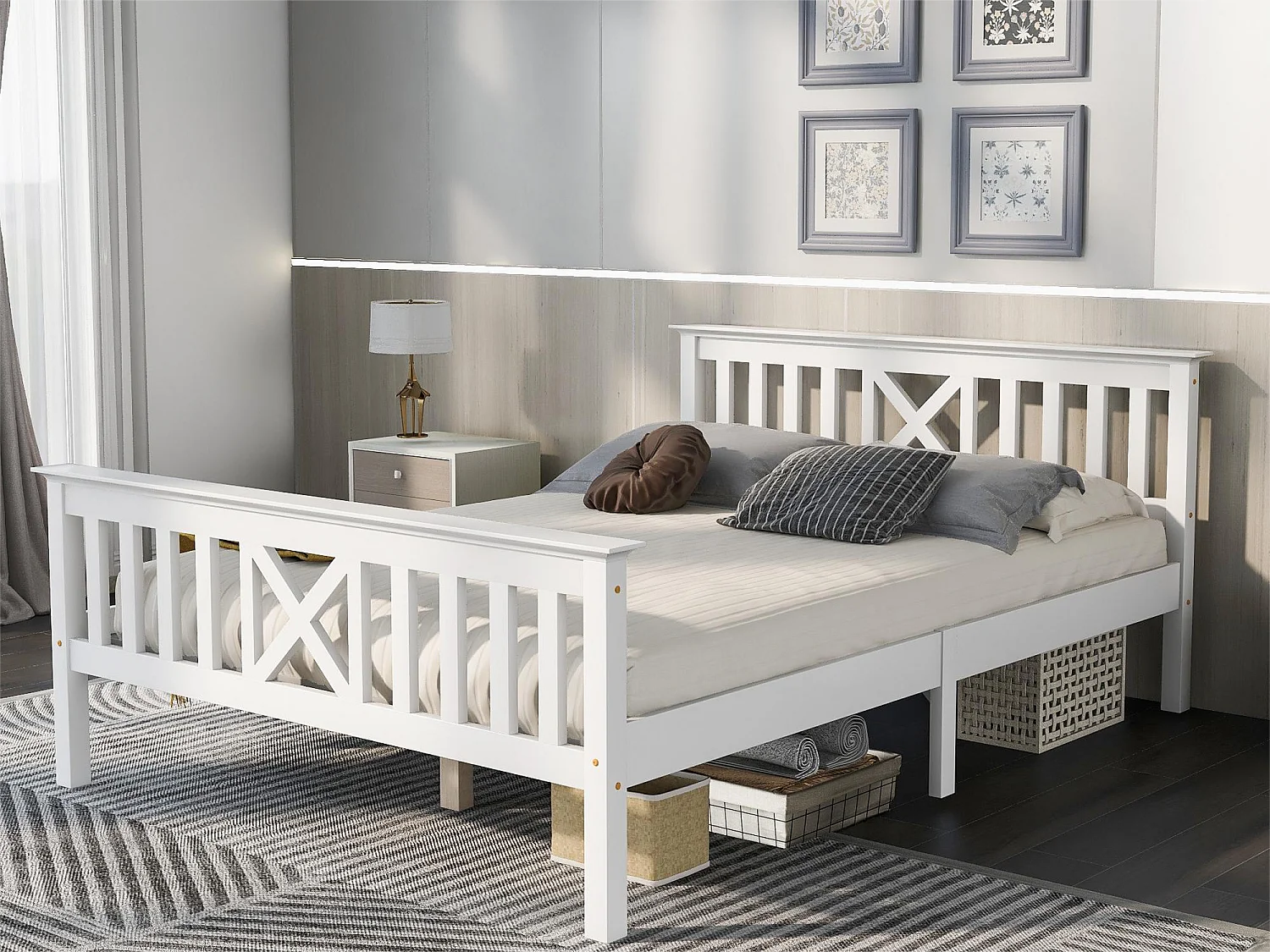 Lit avec tête de lit - 140 x 200 cm - pin - sommier à lattes - coloris blanc