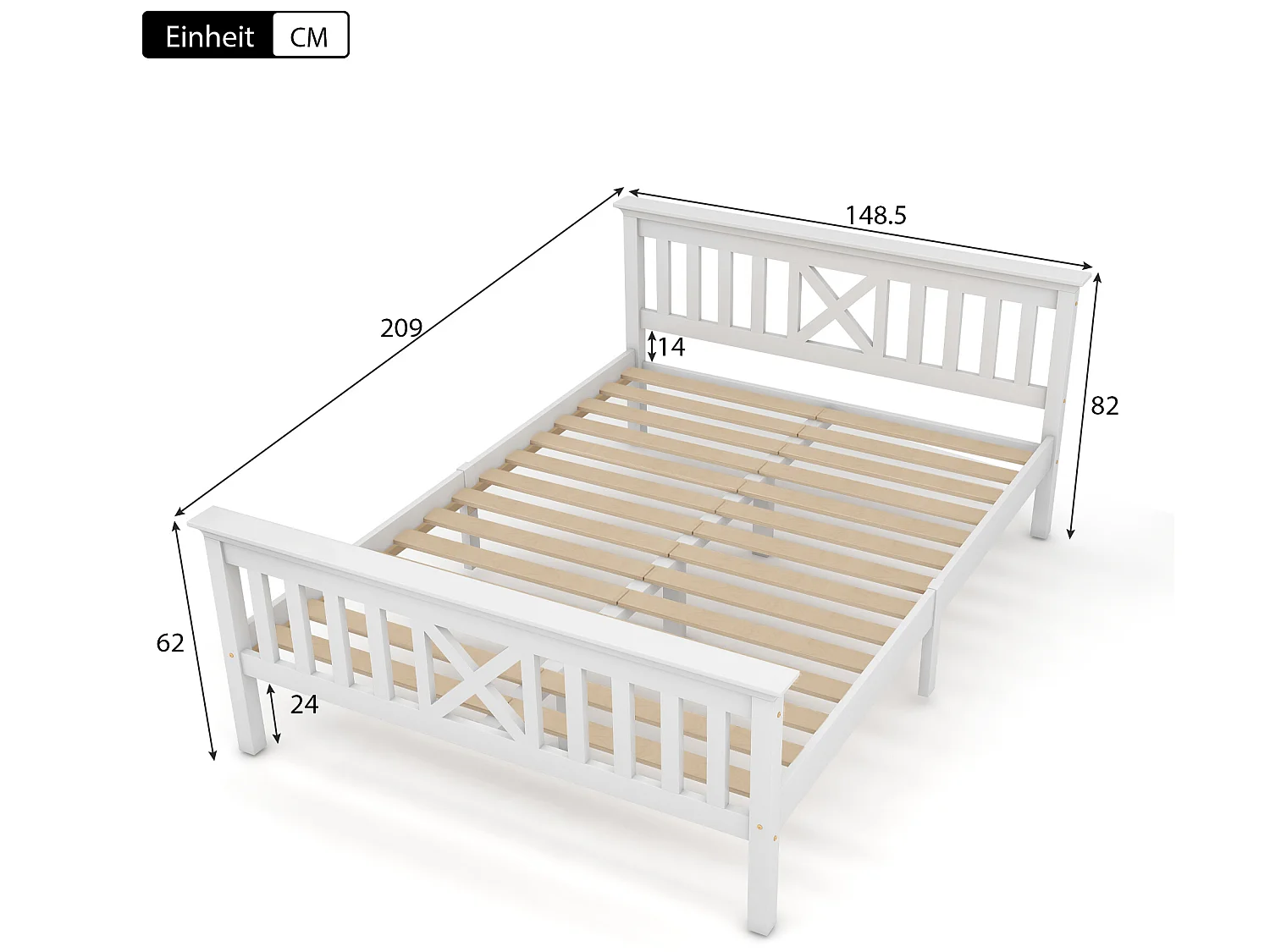 Lit avec tête de lit - 140 x 200 cm - pin - sommier à lattes - coloris blanc