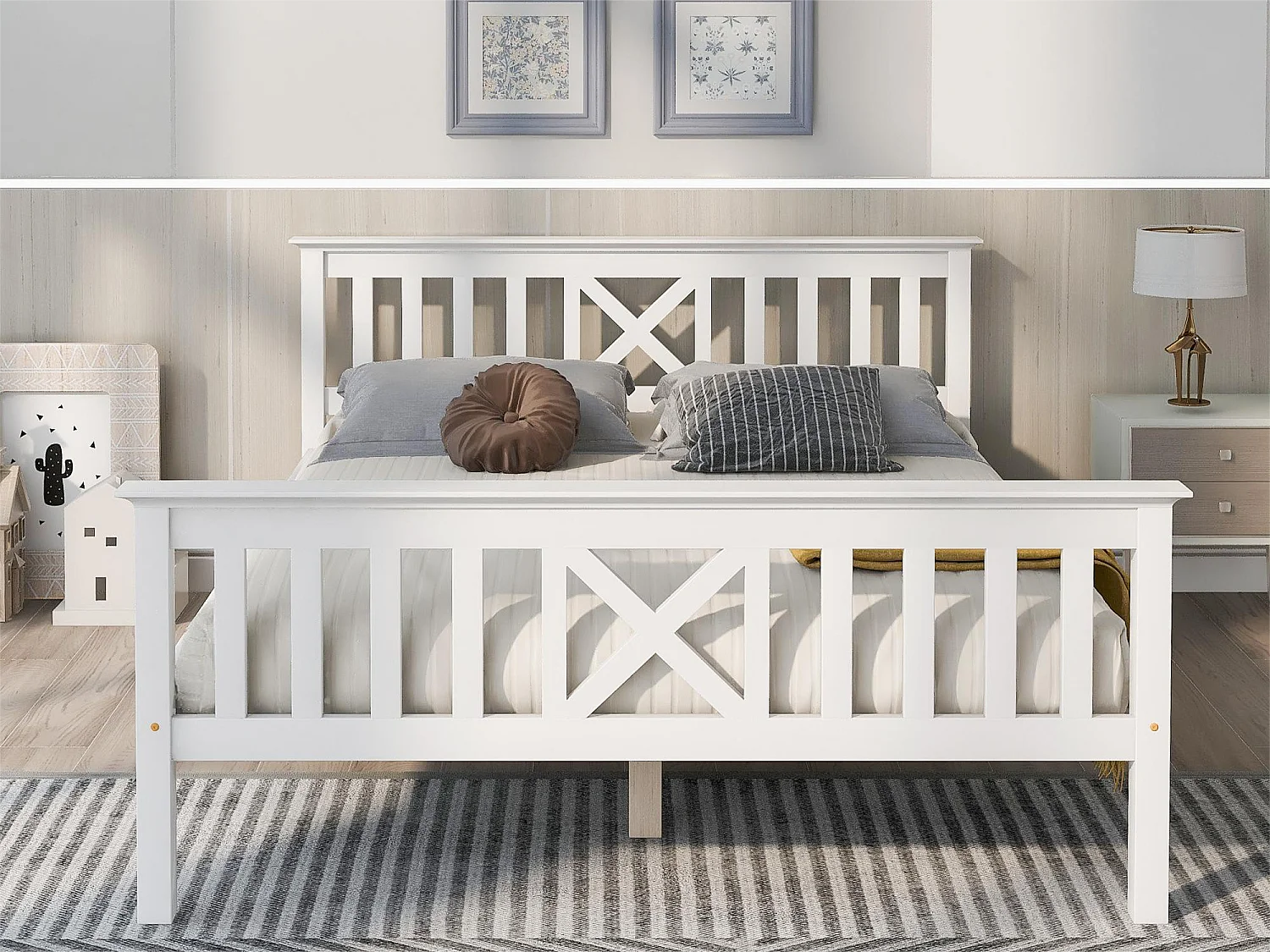 Łóżko z wezgłowiem - 140 x 200 cm - sosna - stelaż z listew - kolor biały