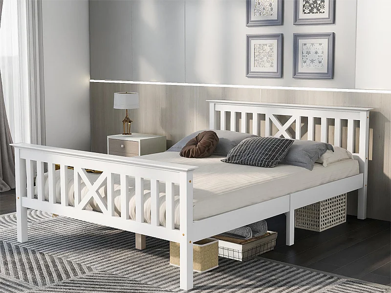 Lit avec tête de lit - 140 x 200 cm - pin - sommier à lattes - coloris blanc