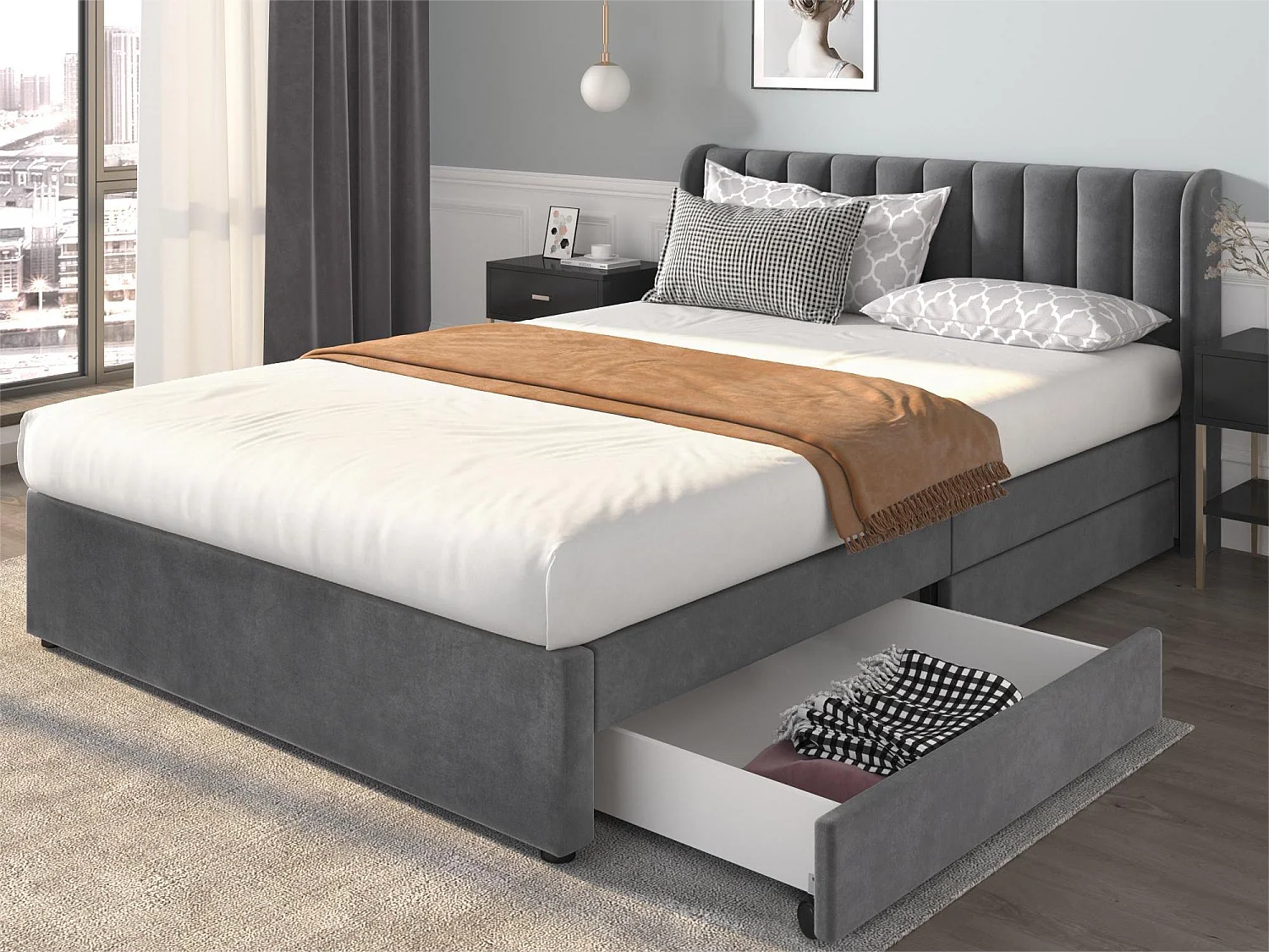 Lit avec tête de lit et 2 tiroirs - 160 x 200 cm - tissu en velours - sommier à lattes - gris