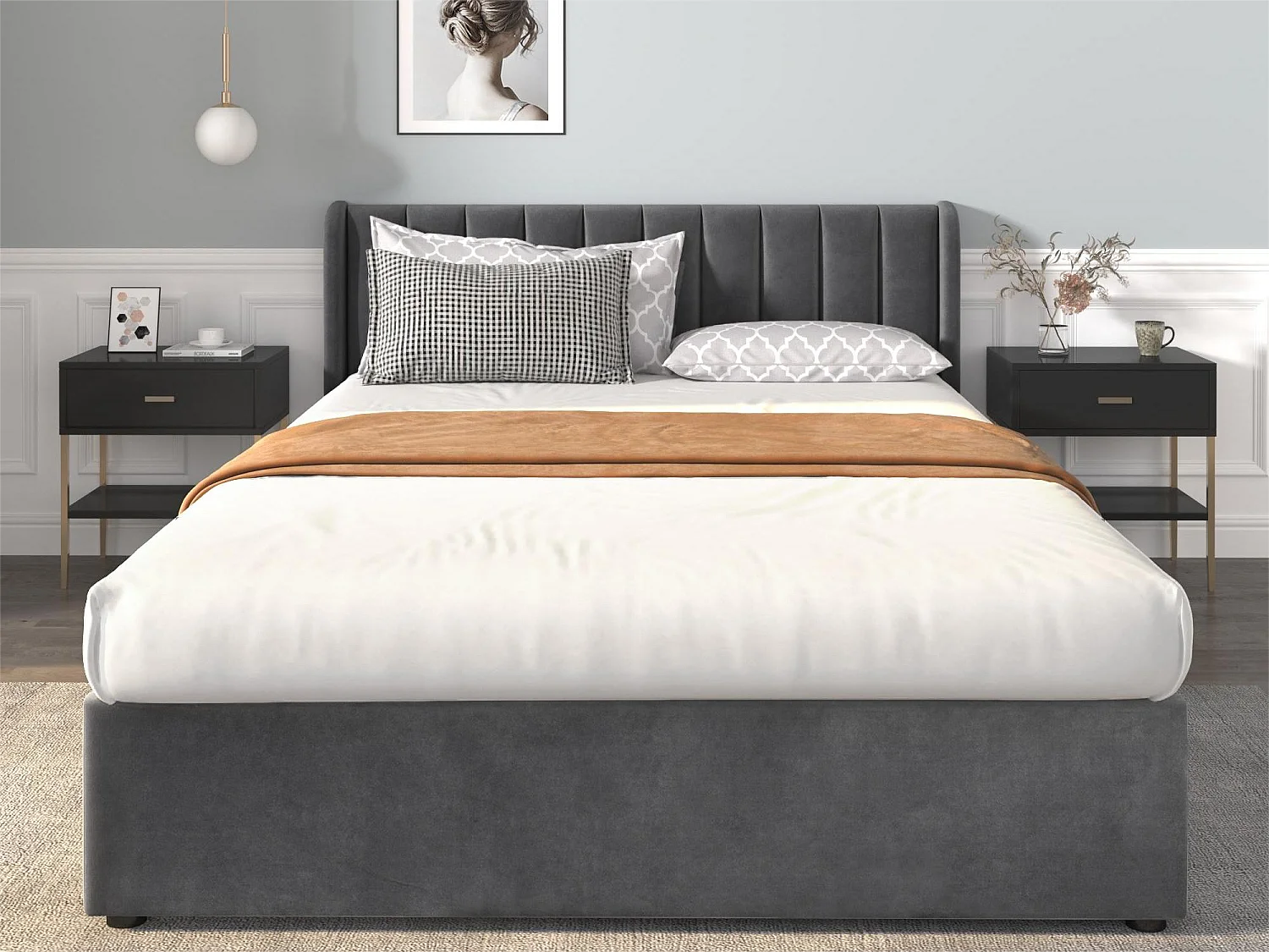 Lit avec tête de lit et 2 tiroirs - 160 x 200 cm - tissu en velours - sommier à lattes - gris