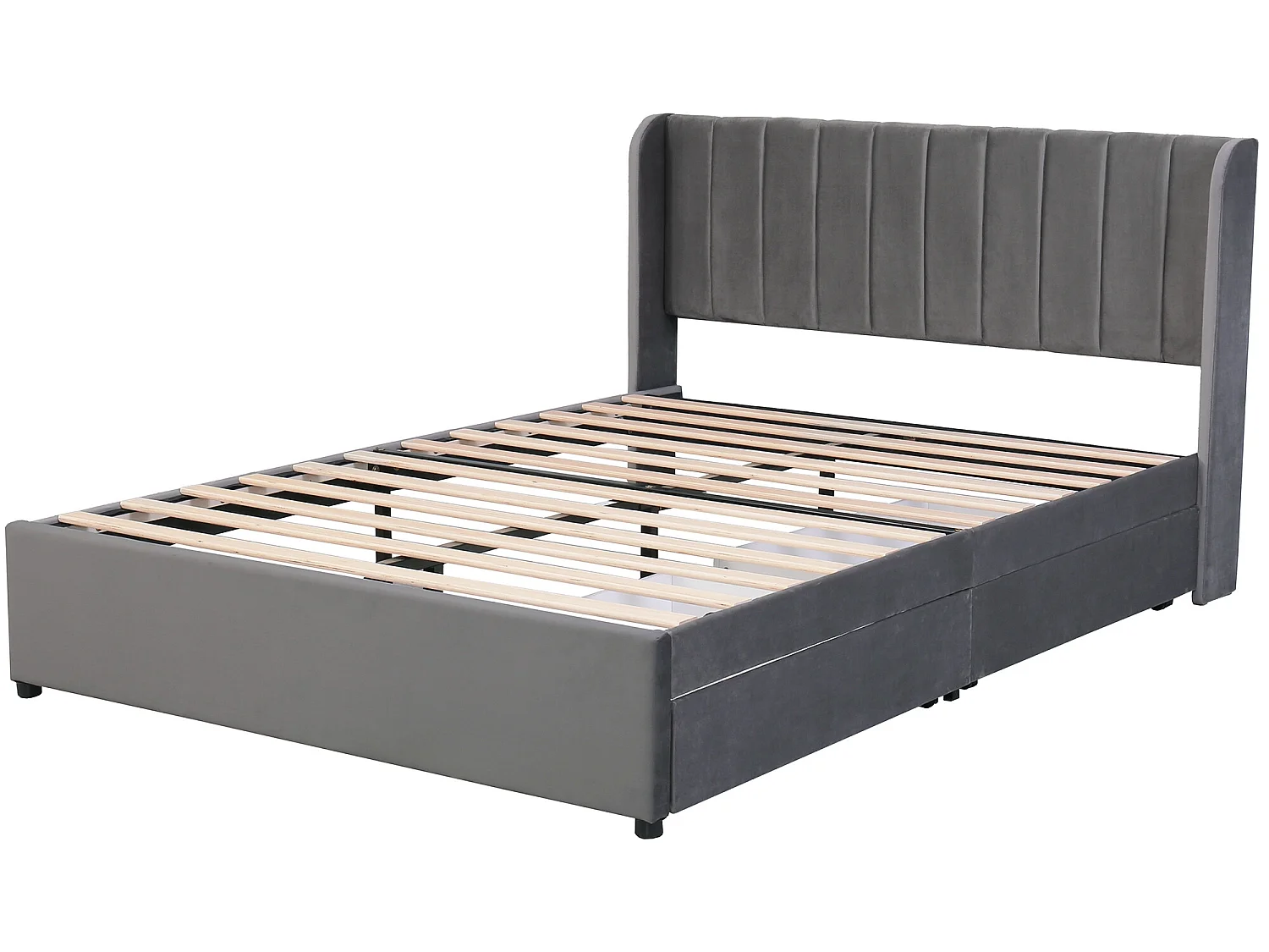 Lit avec tête de lit et 2 tiroirs - 160 x 200 cm - tissu en velours - sommier à lattes - gris