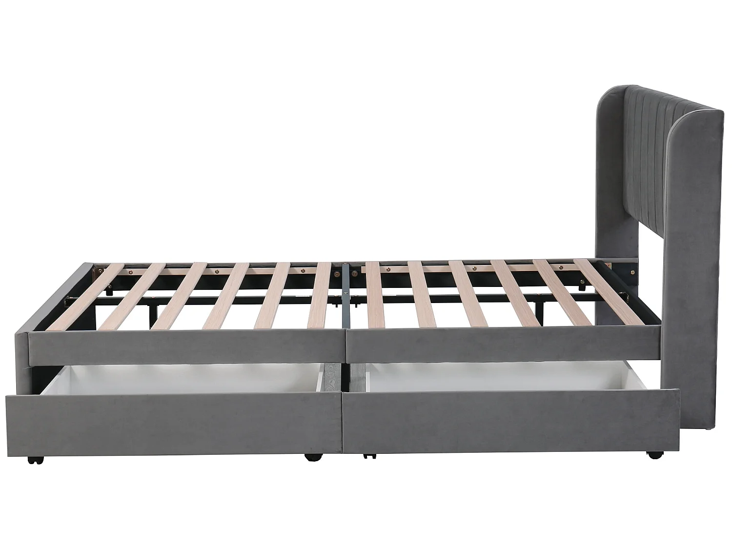 Lit avec tête de lit et 2 tiroirs - 160 x 200 cm - tissu en velours - sommier à lattes - gris