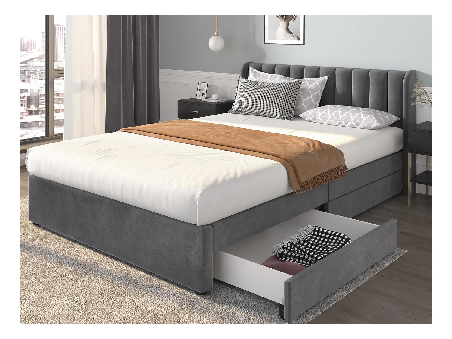 Lit avec tête de lit et 2 tiroirs - 160 x 200 cm - tissu en velours - sommier à lattes - gris
