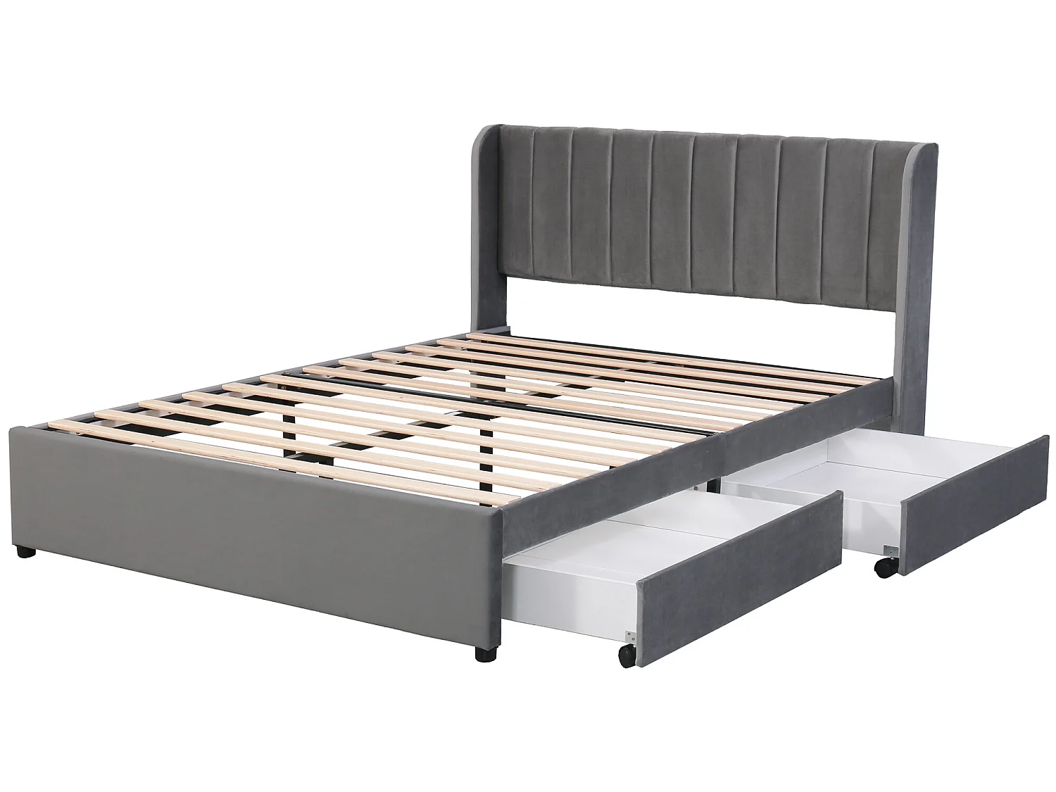 Łóżko z wezgłowiem i 2 szufladami - 160 x 200 cm - tkanina aksamitna - stelaż listwowy - szare