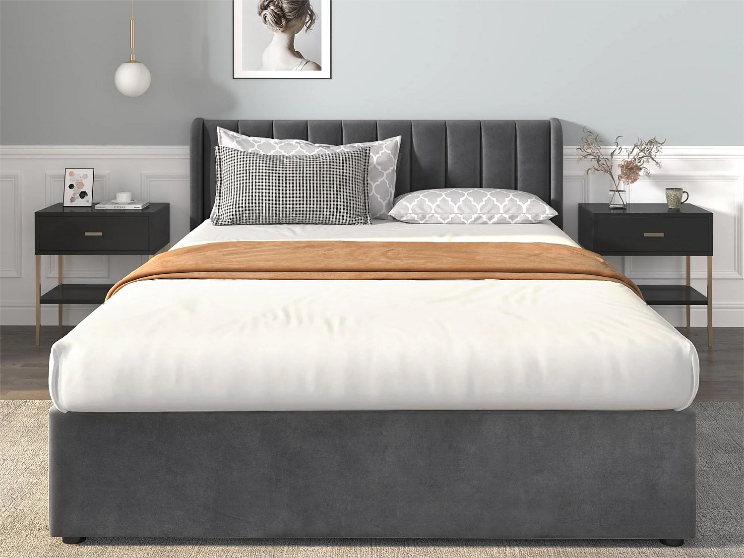 Lit avec tête de lit et 2 tiroirs - 160 x 200 cm - tissu en velours - sommier à lattes - gris