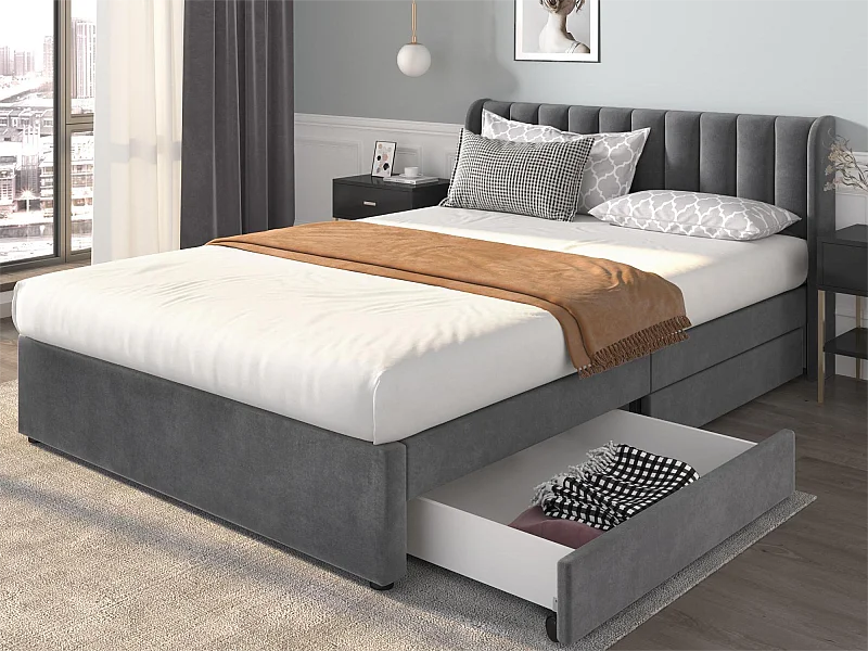 Letto con testiera e 2 cassetti - 160 x 200 cm - tessuto in velluto - rete a doghe - grigio