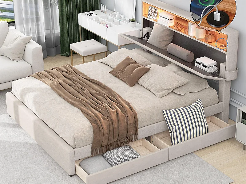 Bett mit Stauraum-Kopfteil und 2 Schubladen – 140 x 200 cm – Leinenstoff – LED-Beleuchtung – beige Farbe