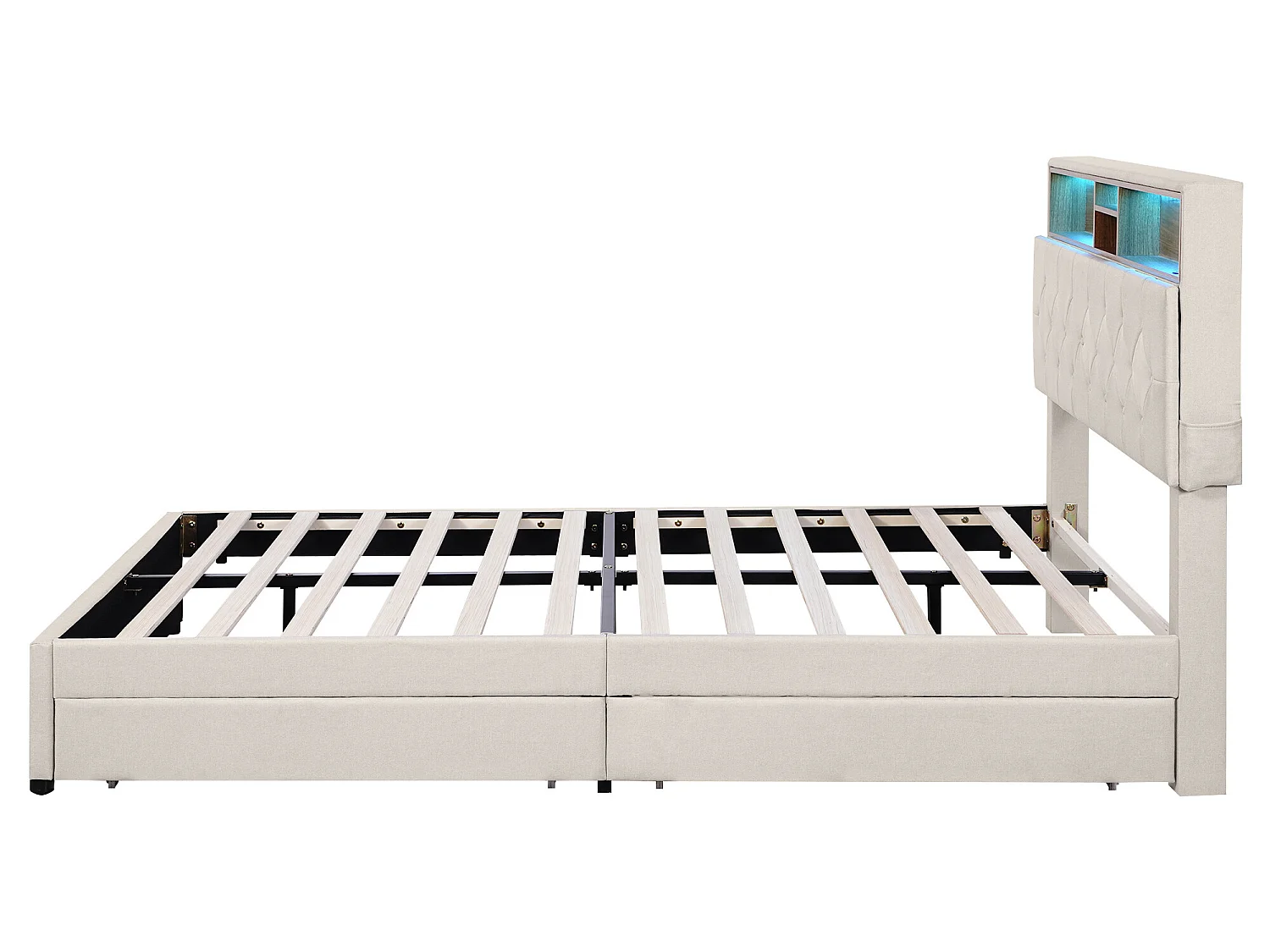 Bed met opberghoofdeinde en 2 laden - 140 x 200 cm - linnenstof - LED-verlichting - beige kleur
