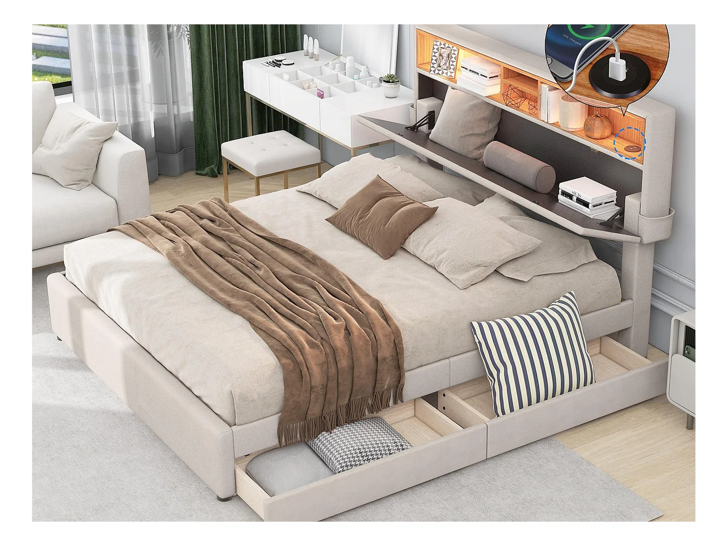 Lit avec tête de lit rangement et 2 tiroirs - 140 x 200 cm - tissu lin - éclairage led - coloris beige