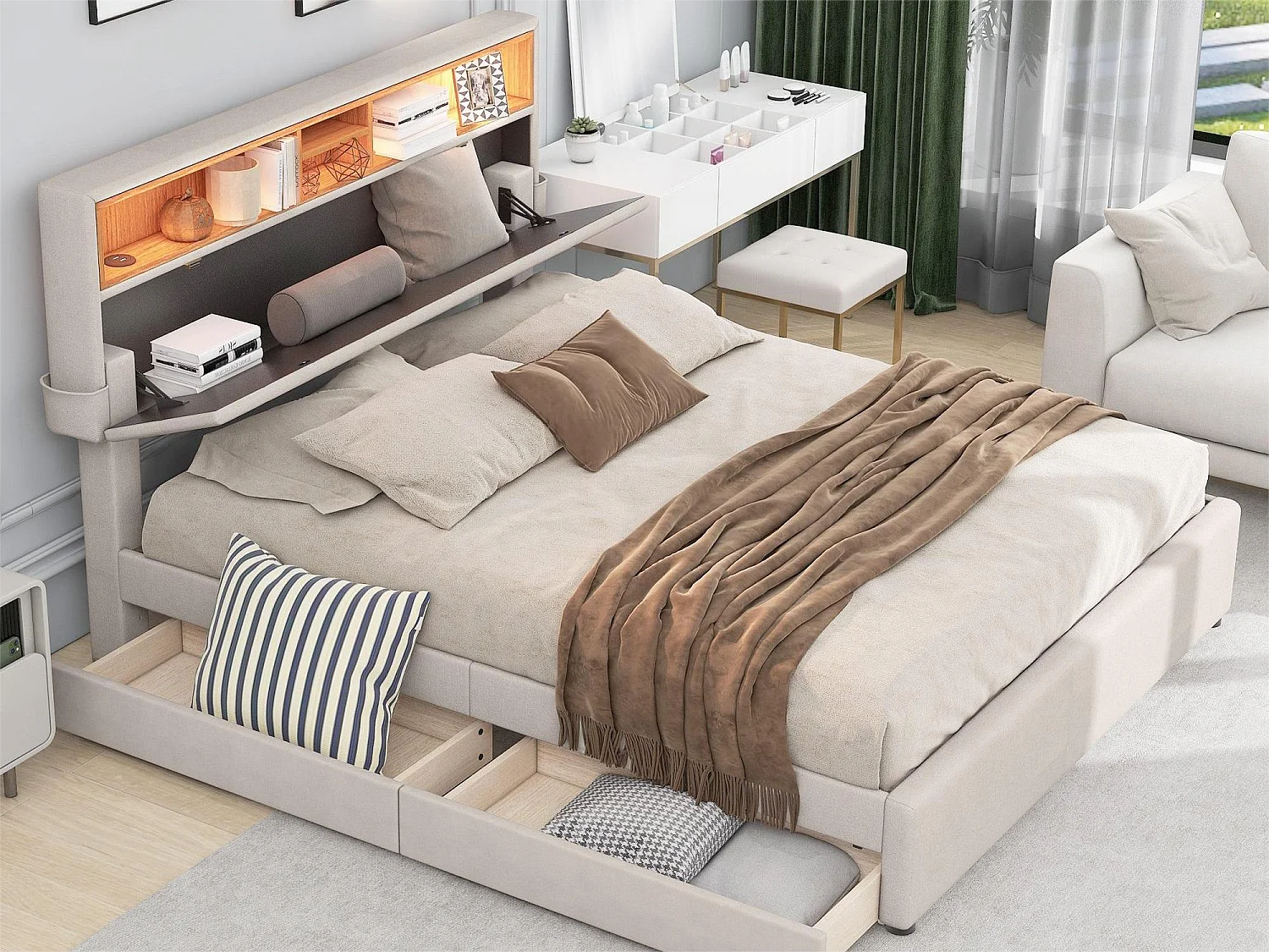 Lit avec tête de lit rangement et 2 tiroirs - 140 x 200 cm - tissu lin - éclairage led - coloris beige