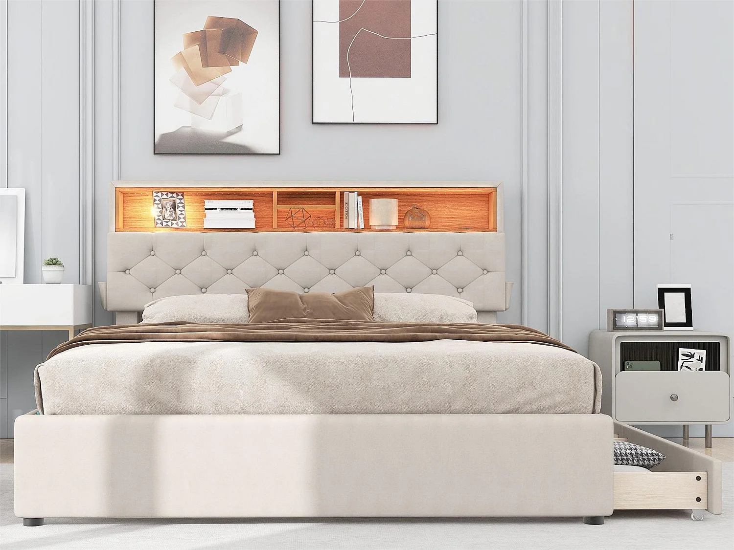 Lit avec tête de lit rangement et 2 tiroirs - 140 x 200 cm - tissu lin - éclairage led - coloris beige