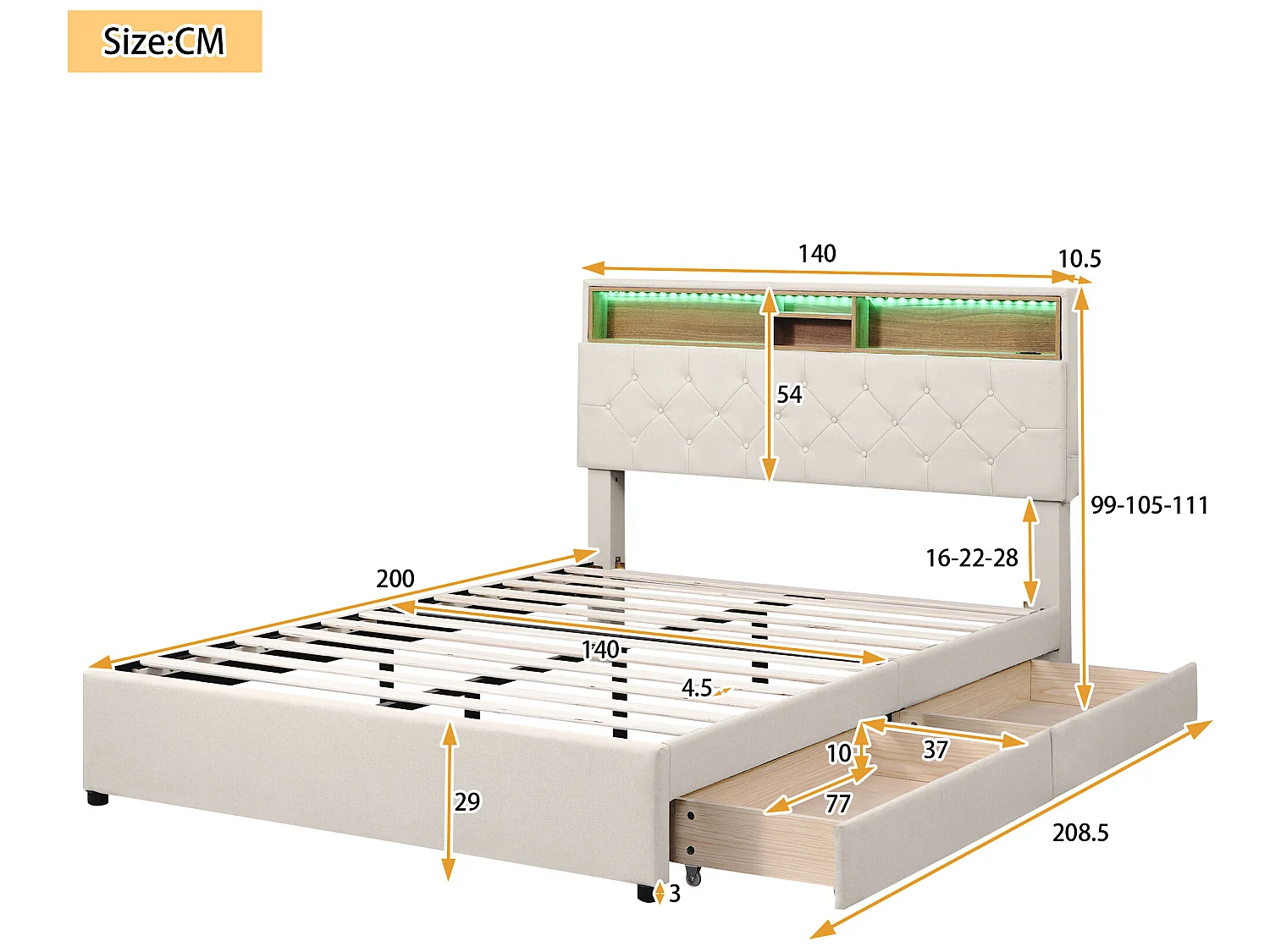 Lit avec tête de lit rangement et 2 tiroirs - 140 x 200 cm - tissu lin - éclairage led - coloris beige