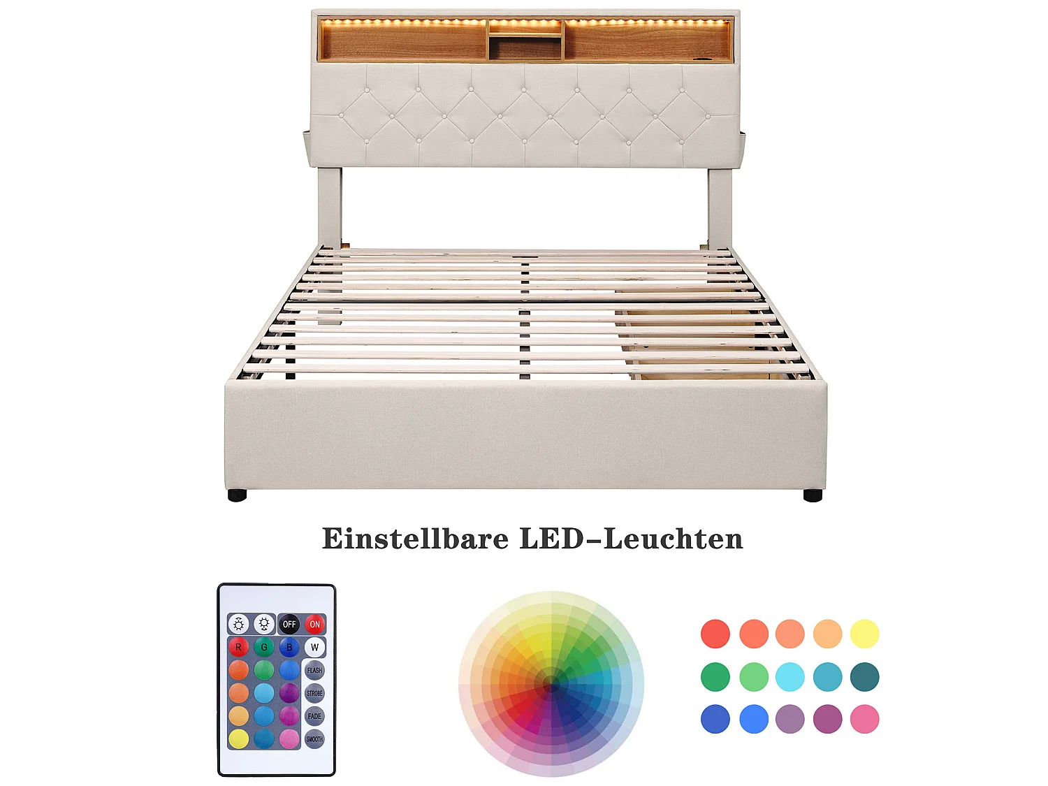 Lit avec tête de lit rangement et 2 tiroirs - 140 x 200 cm - tissu lin - éclairage led - coloris beige