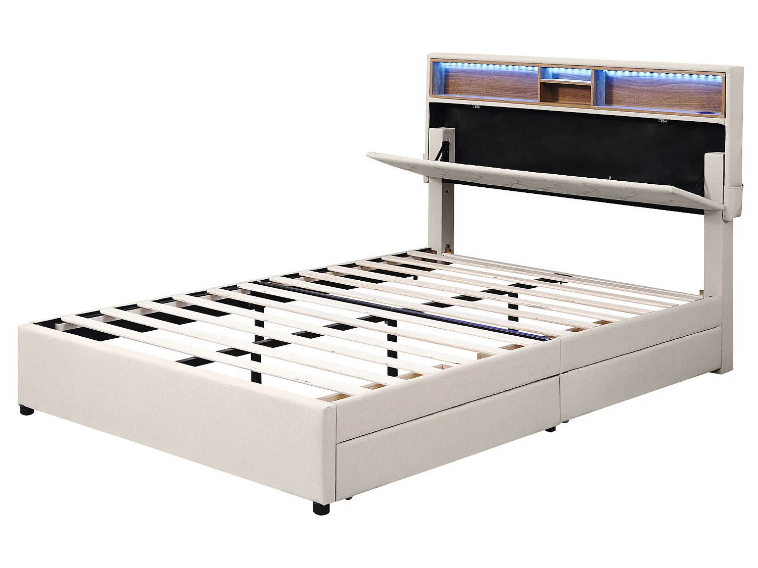 Lit avec tête de lit rangement et 2 tiroirs - 140 x 200 cm - tissu lin - éclairage led - coloris beige