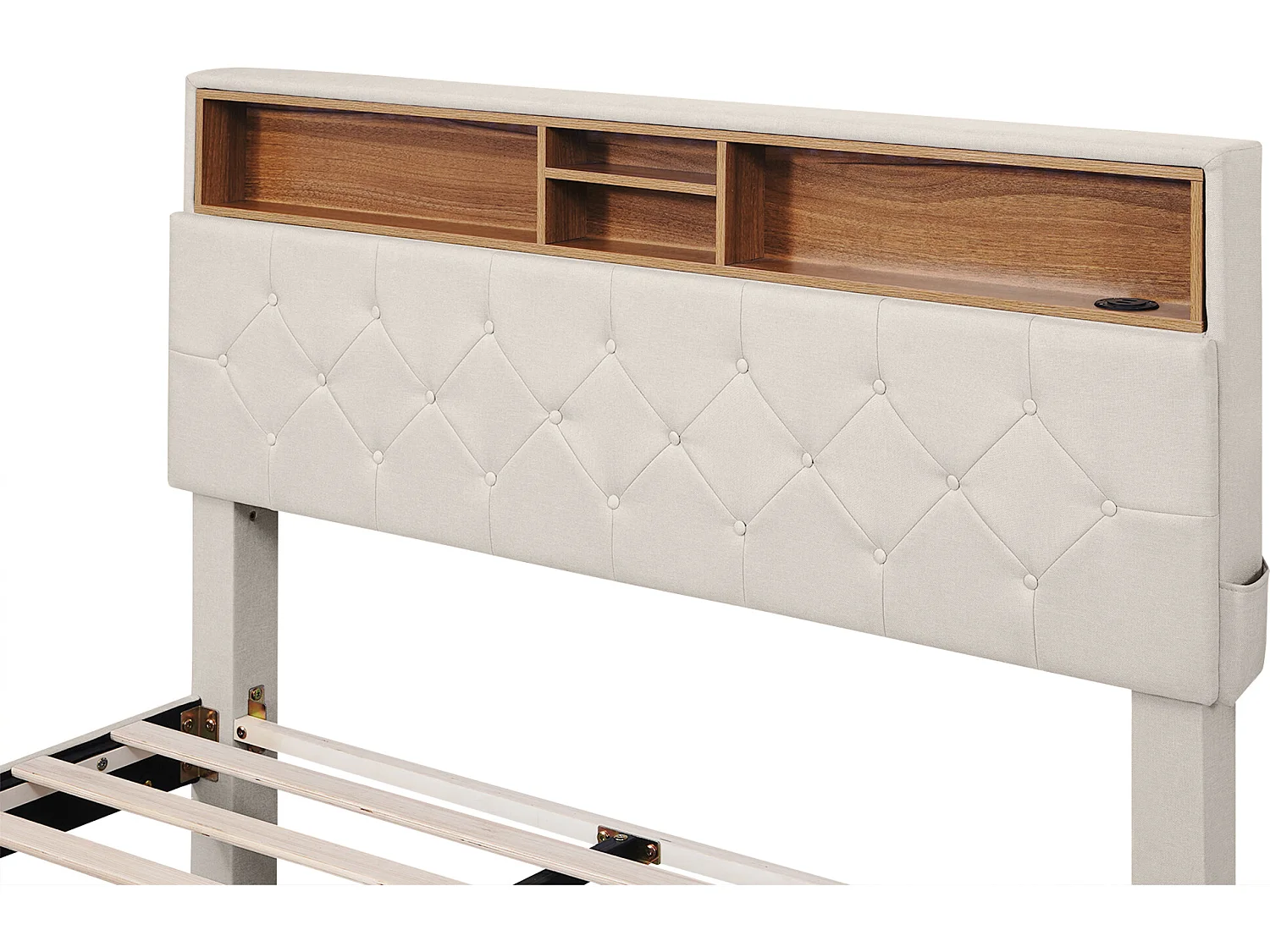 Lit avec tête de lit rangement et 2 tiroirs - 140 x 200 cm - tissu lin - éclairage led - coloris beige