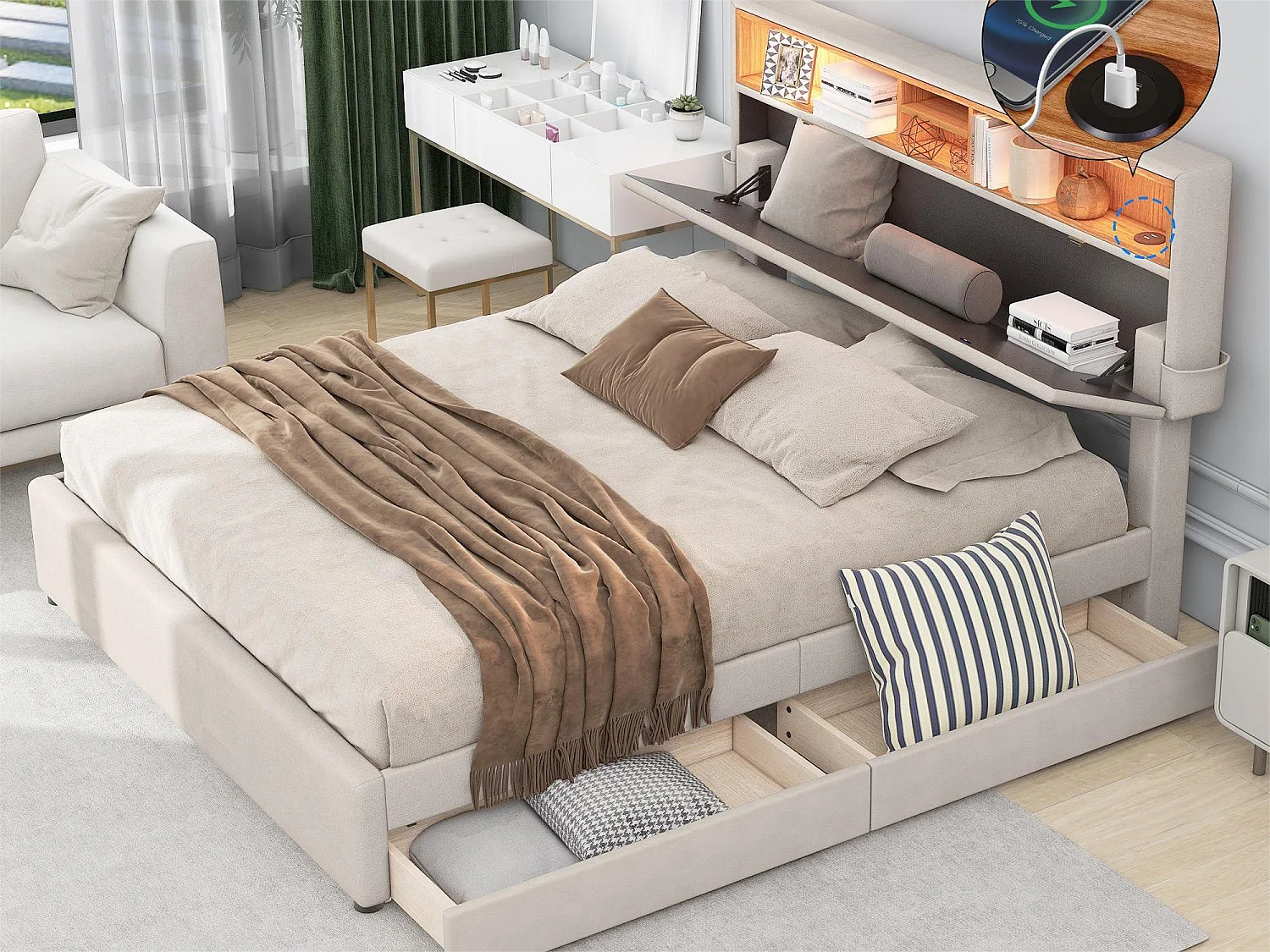 Bed met opberghoofdeinde en 2 laden - 140 x 200 cm - linnenstof - LED-verlichting - beige kleur