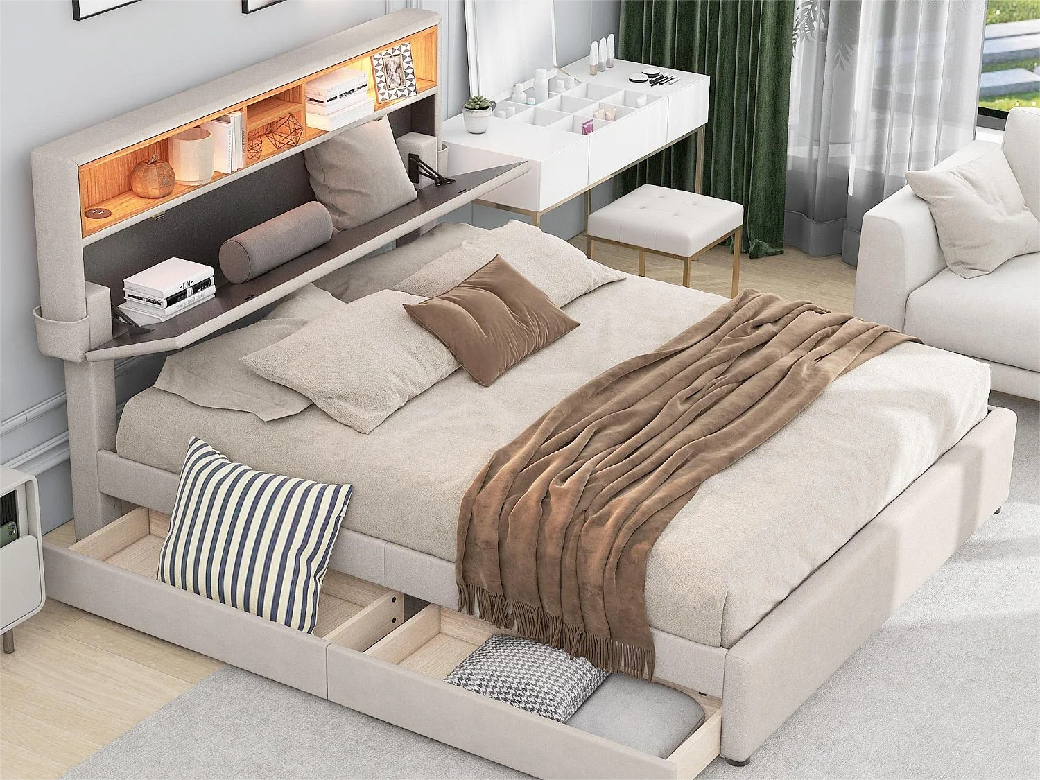 Bed met opberghoofdeinde en 2 laden - 140 x 200 cm - linnenstof - LED-verlichting - beige kleur