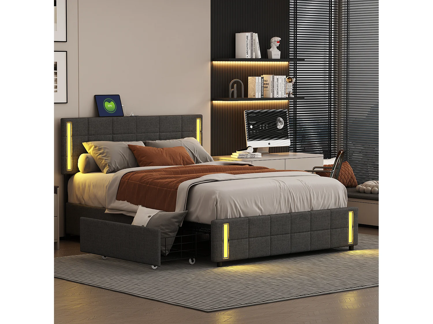 Lit avec tête de lit et rangement - 140 x 200 cm - 4 tiroirs - tissu lin - éclairage led - sommier à lattes - gris